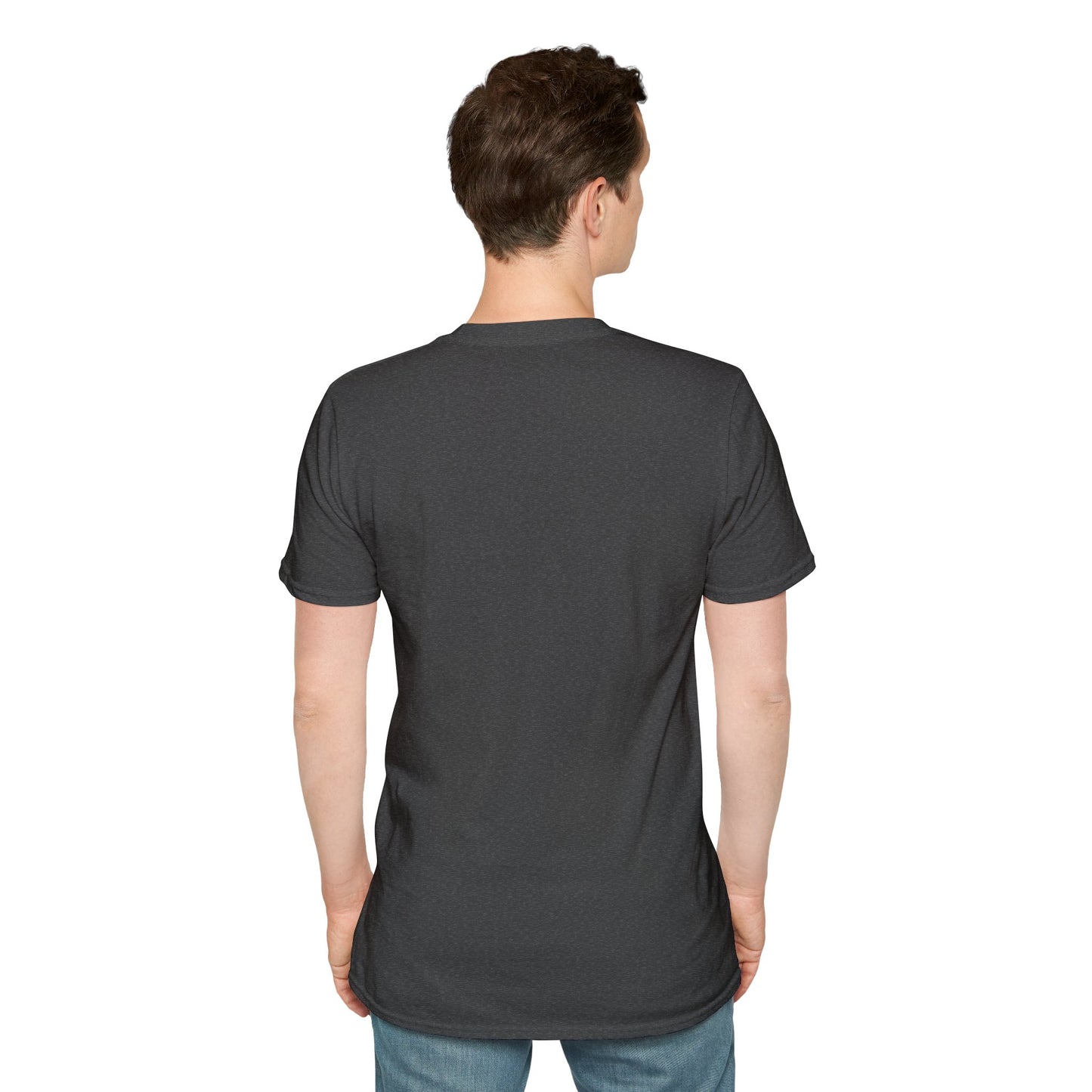 Men's dark heather T-shirt back view, plain crew-neck with short sleeves