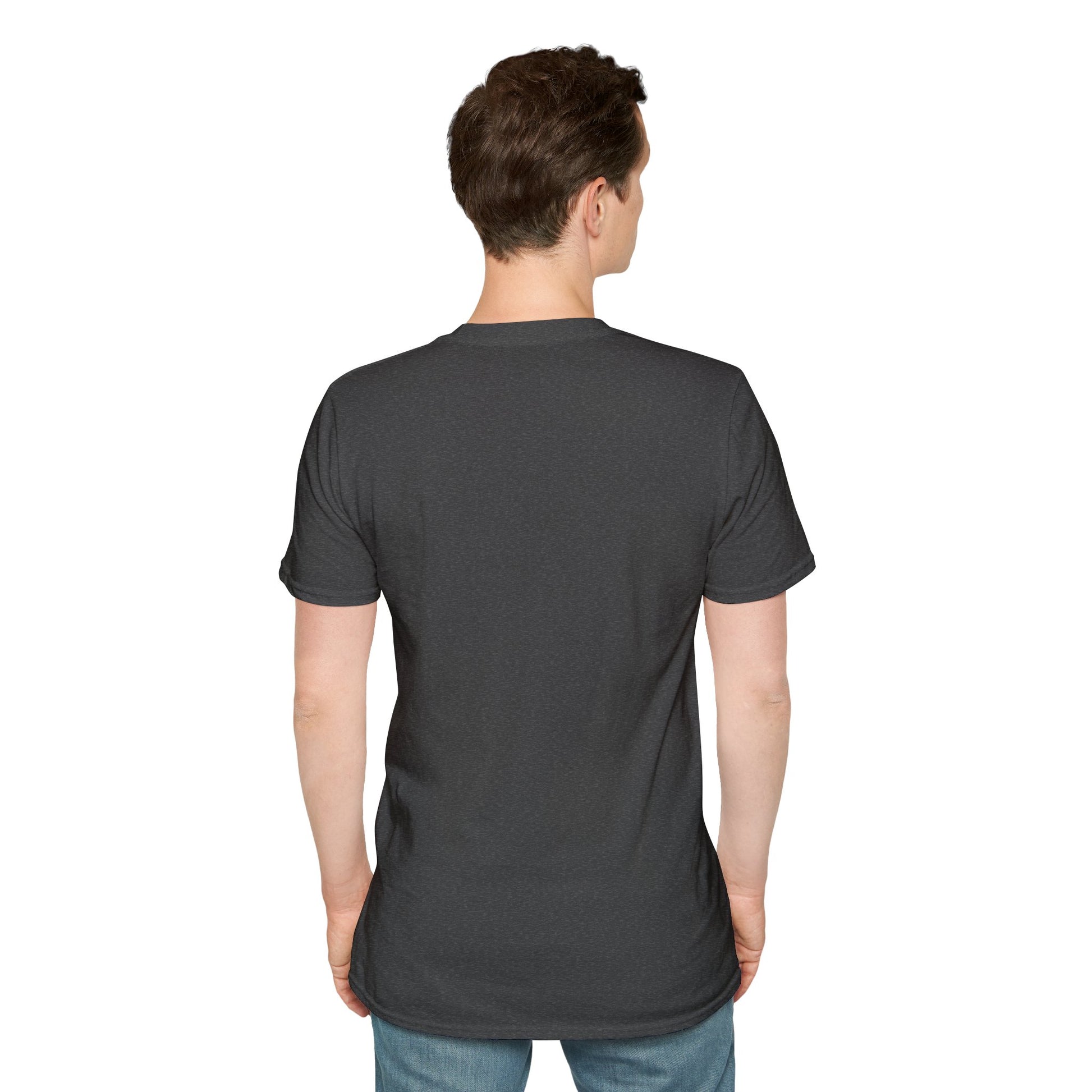 Men's dark heather T-shirt back view, plain crew-neck with short sleeves
