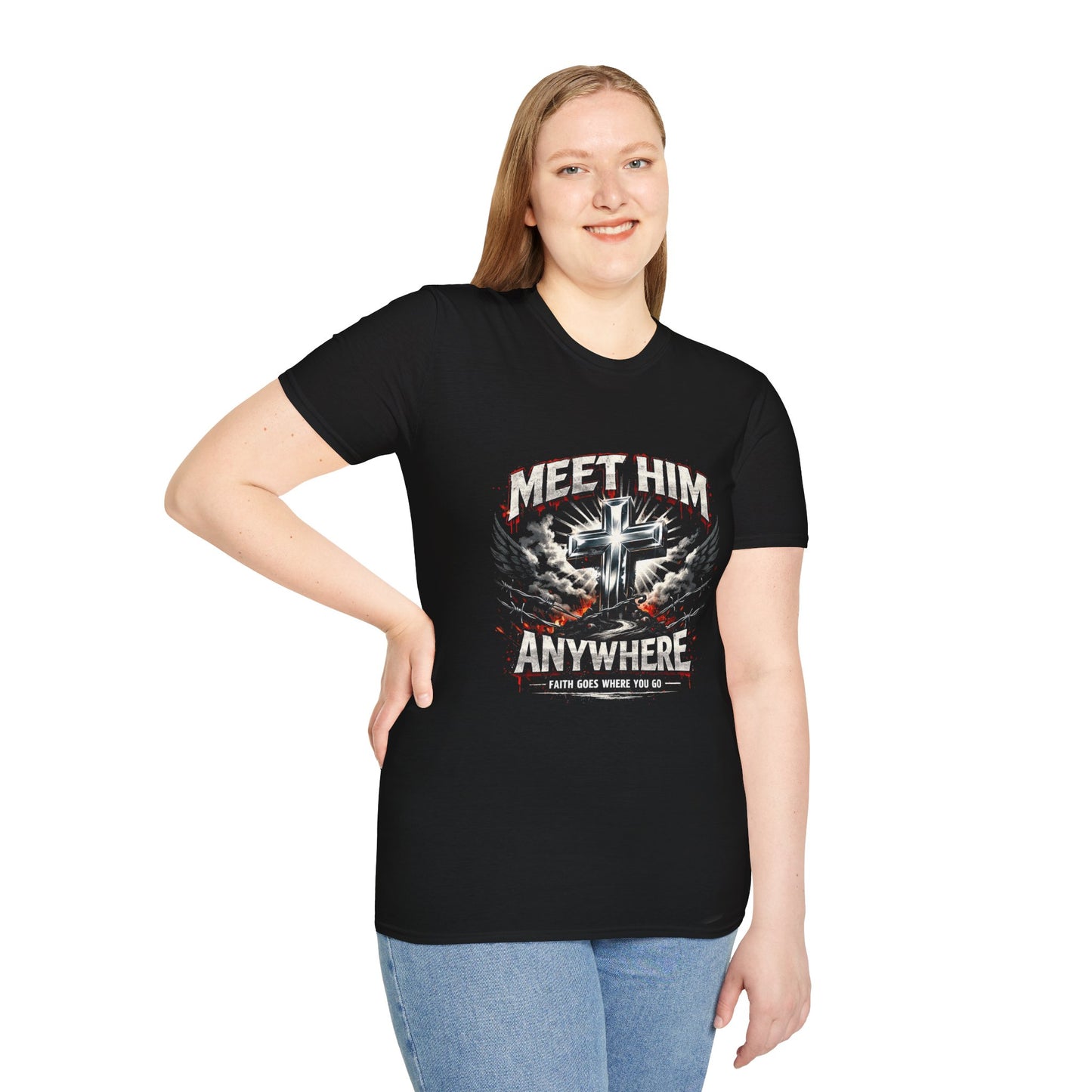 Black T-shirt with 'Meet Him Anywhere' cross graphic on front