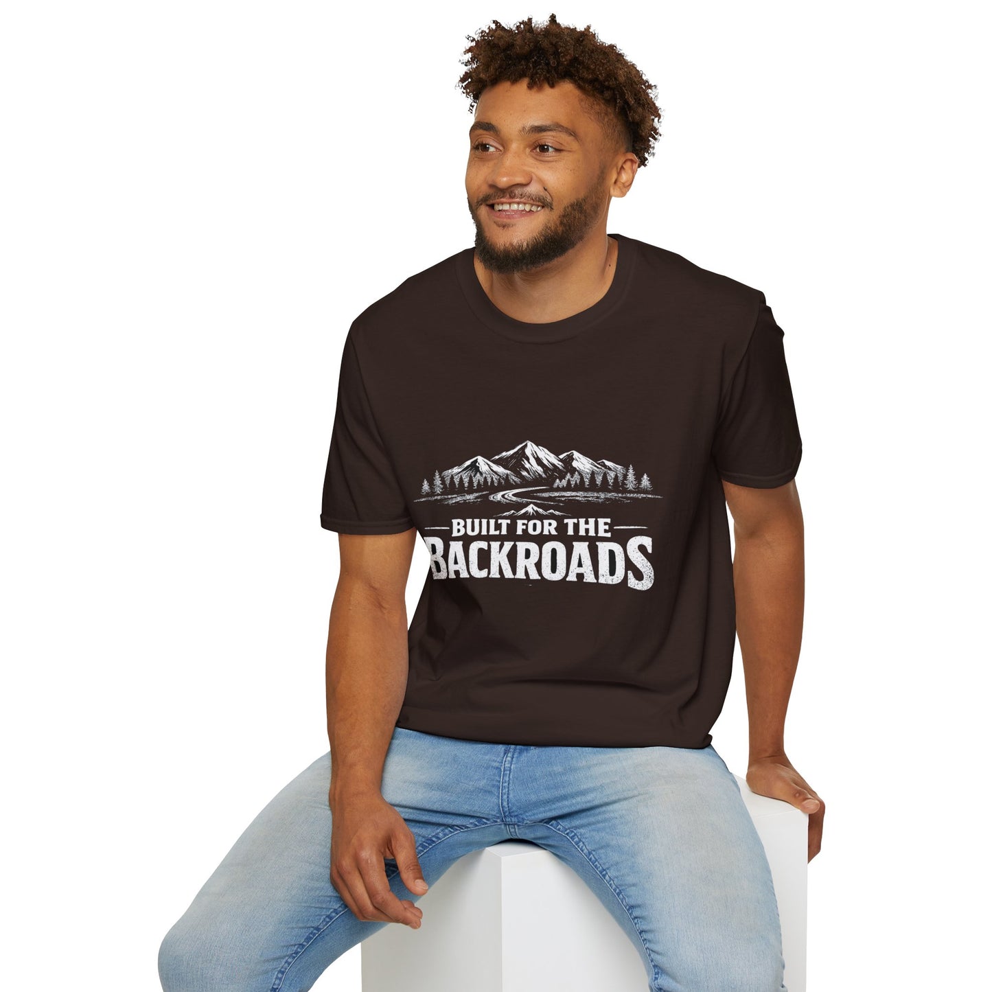 Dark chocolate crew-neck T-shirt with mountain 'Built for the BackRoads' graphic
