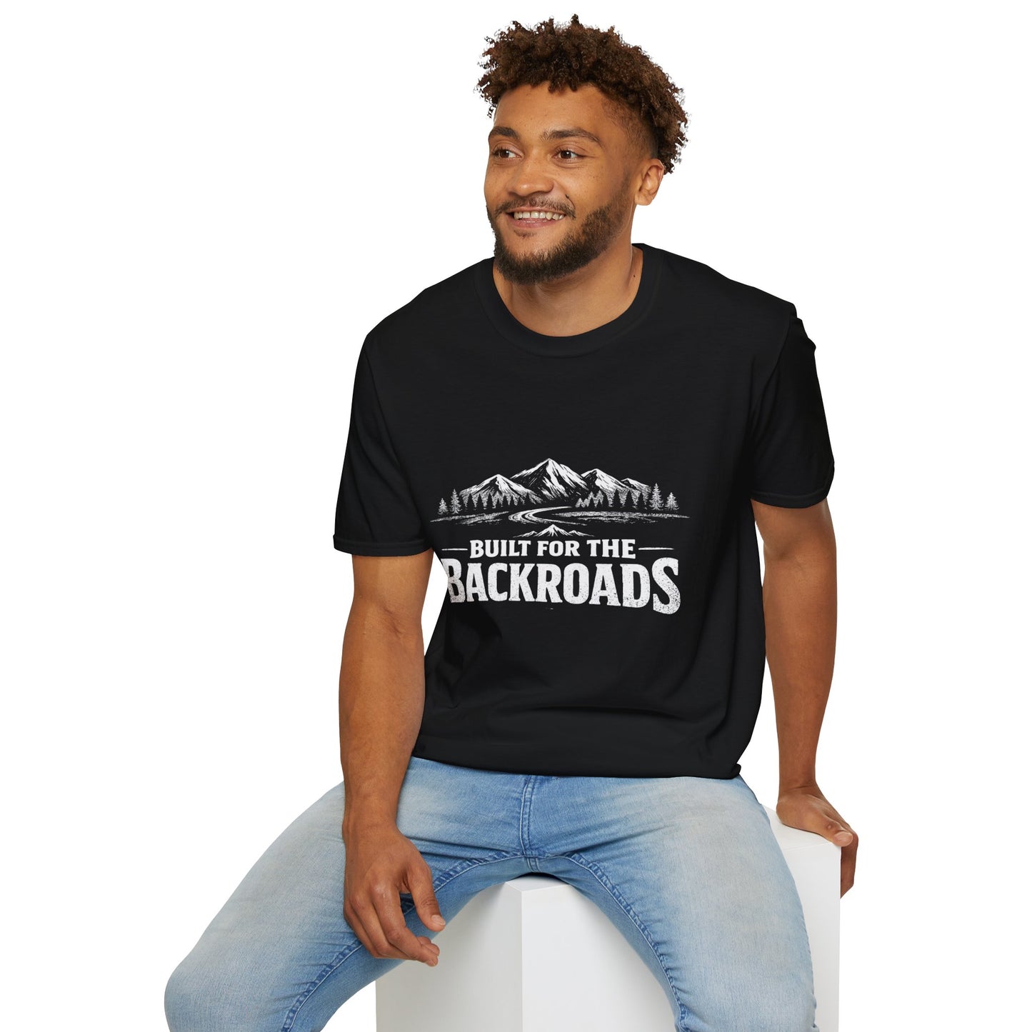 Black crew-neck T-shirt with mountain 'Built for the BackRoads' graphic