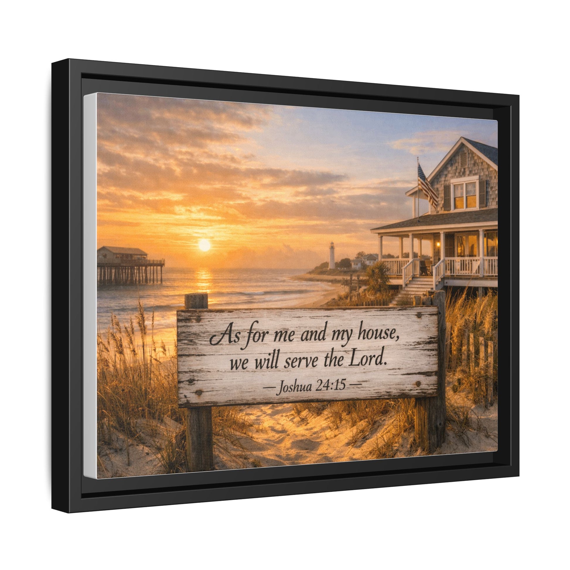 Black framed coastal scripture canvas with sunrise beach scene and verse quote on sign.
