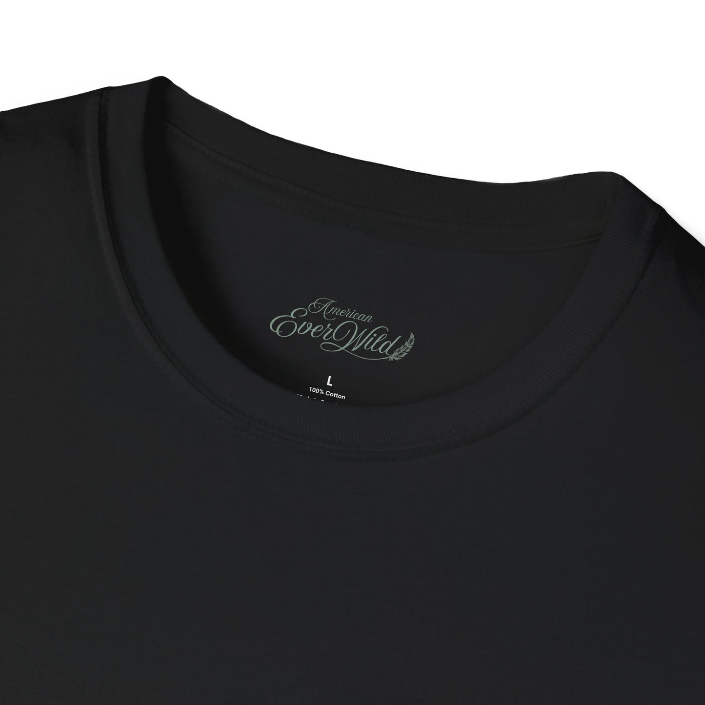 Black crewneck T-shirt close-up of neckline with small embroidered logo text inside collar.