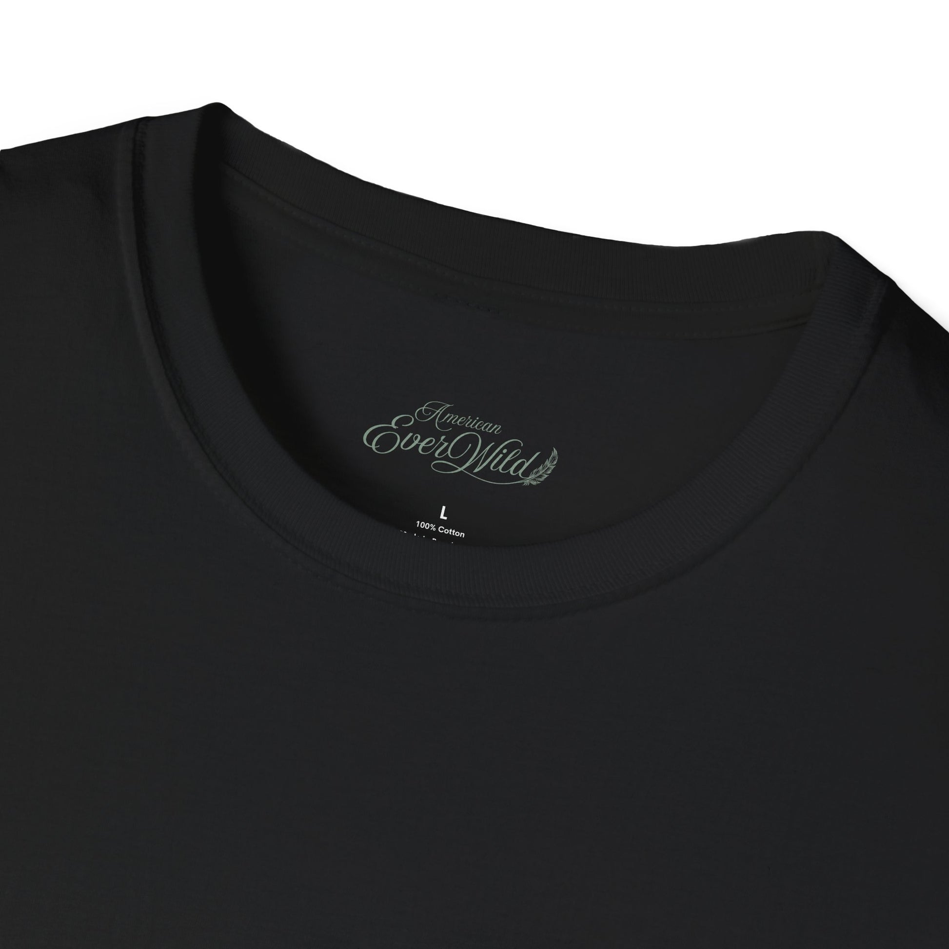 Black crewneck T-shirt close-up of neckline with small embroidered logo text inside collar.