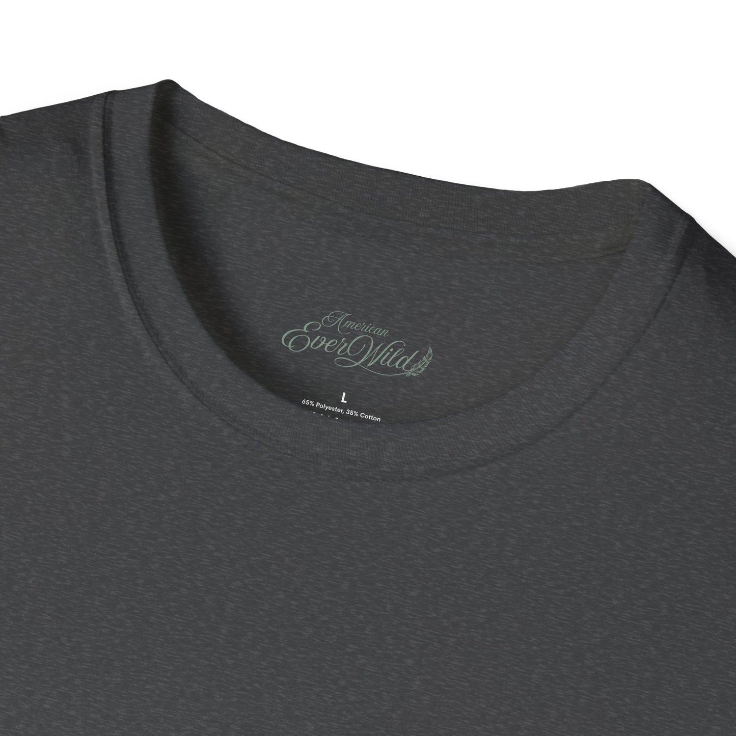 Dark heather crewneck T-shirt close-up of neckline with small embroidered logo text inside collar.