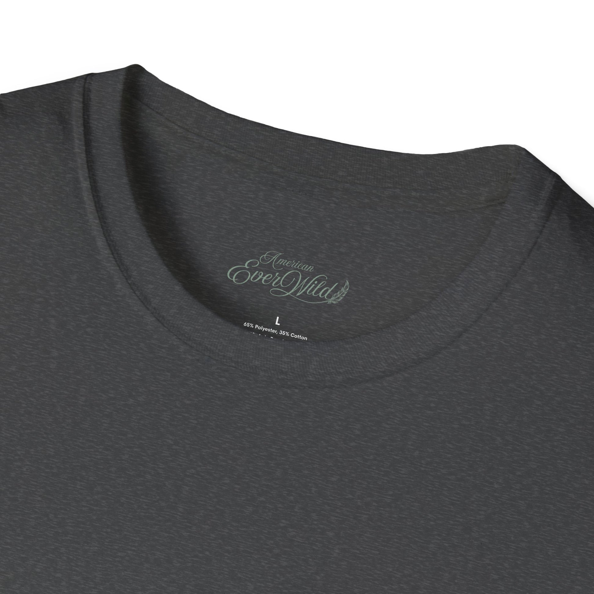 Dark heather crewneck T-shirt close-up of neckline with small embroidered logo text inside collar.