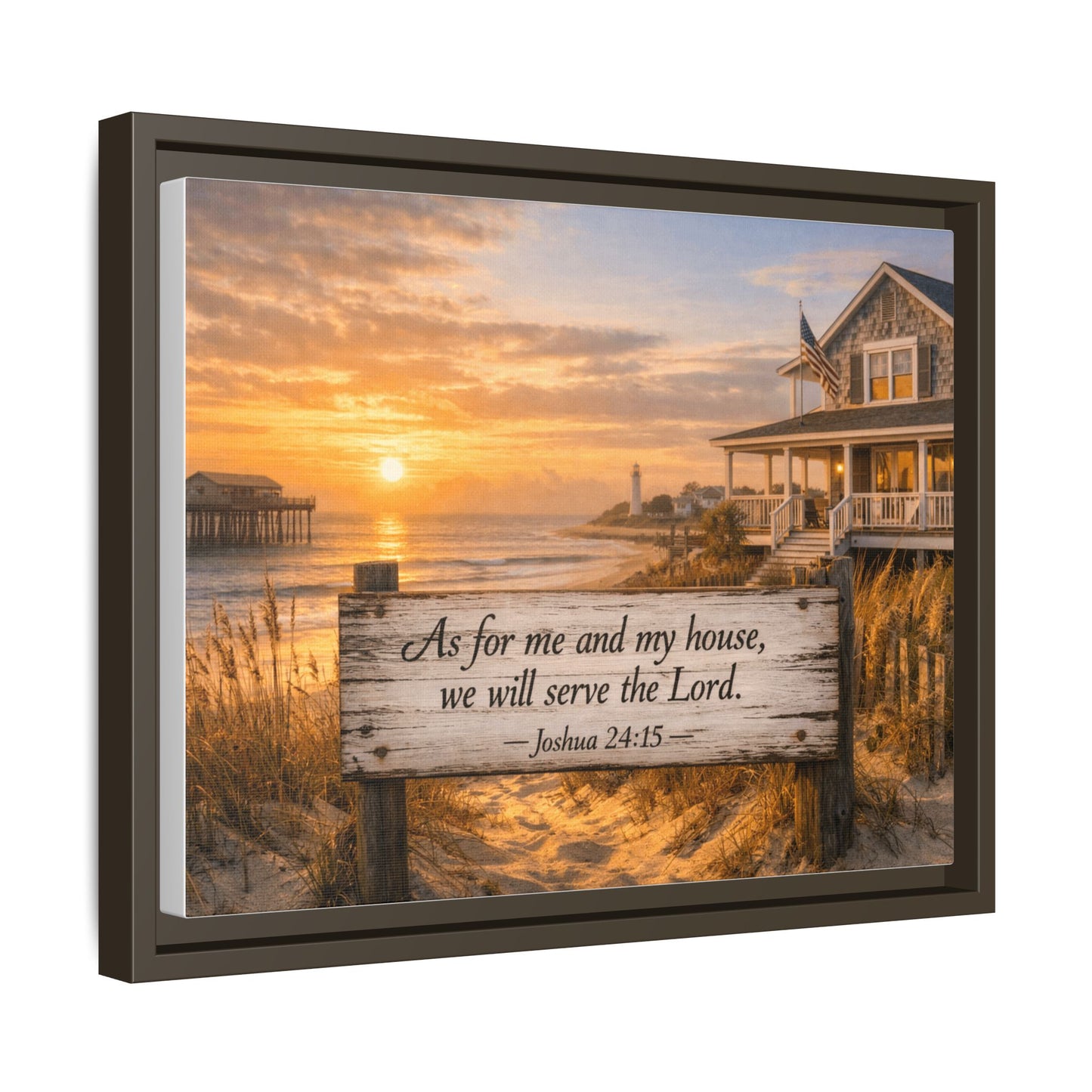 Dark framed coastal scripture canvas with sunrise beach scene and verse quote on sign.