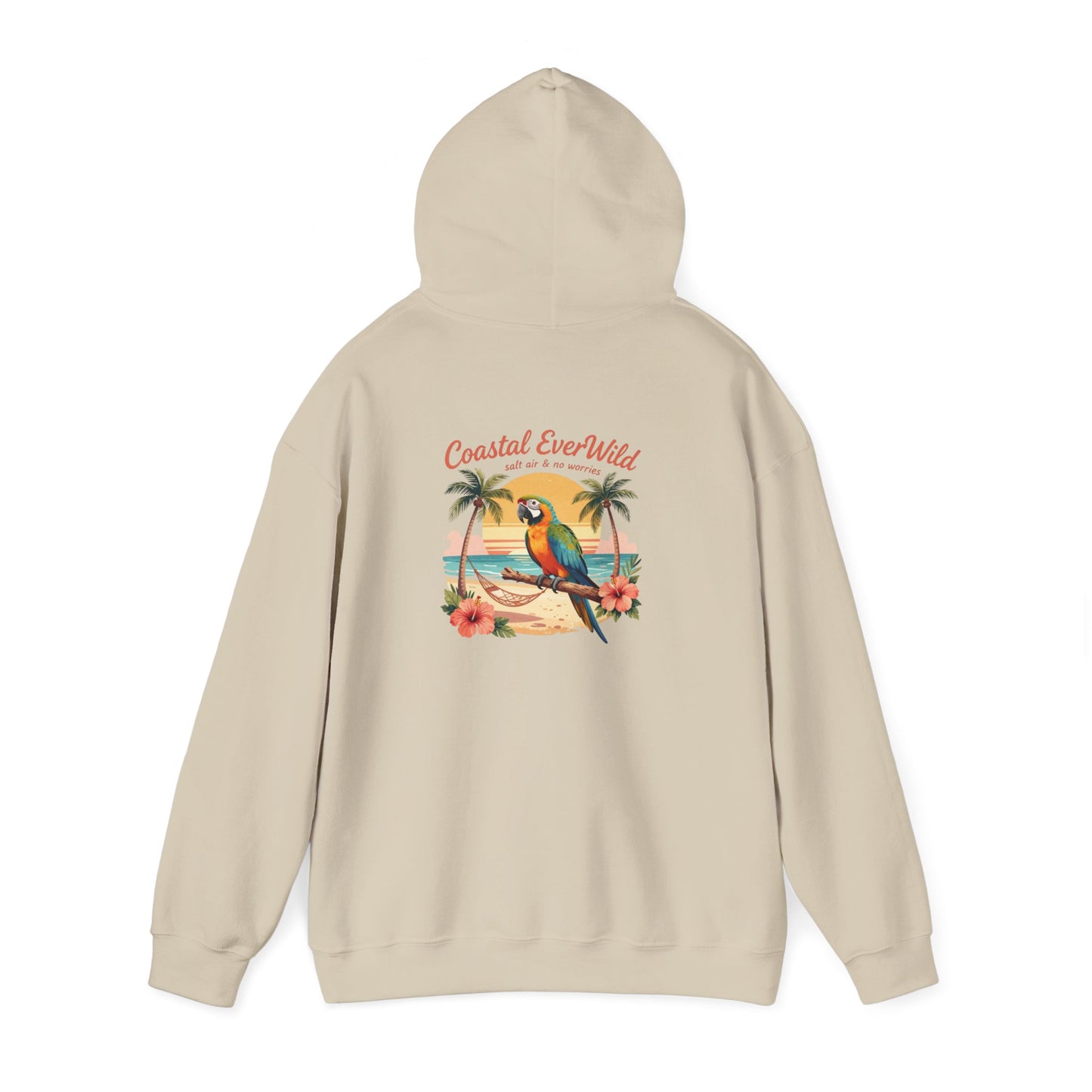Beige pullover hoodie with hood and bird coastal back graphic