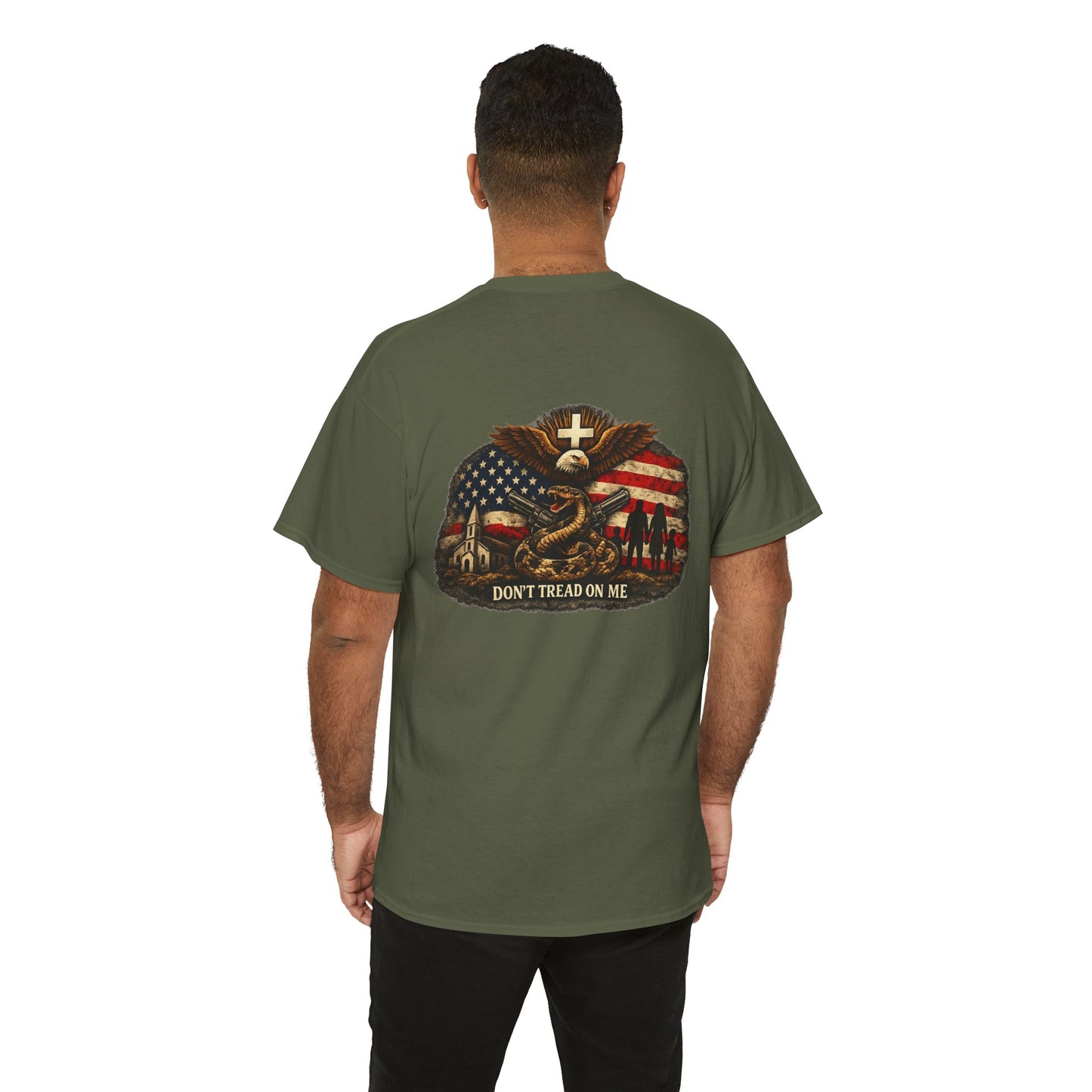 Military green T-shirt with back eagle-and-American-flag graphic and text "DON'T TREAD ON ME"