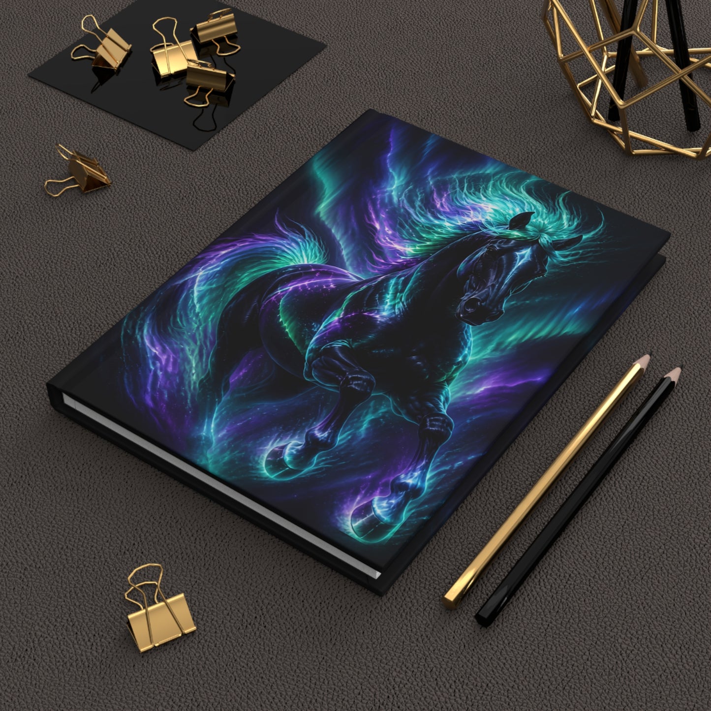 Aurora Stallion Hardcover Journal — Neon Blue & Purple Mystic Horse Notebook