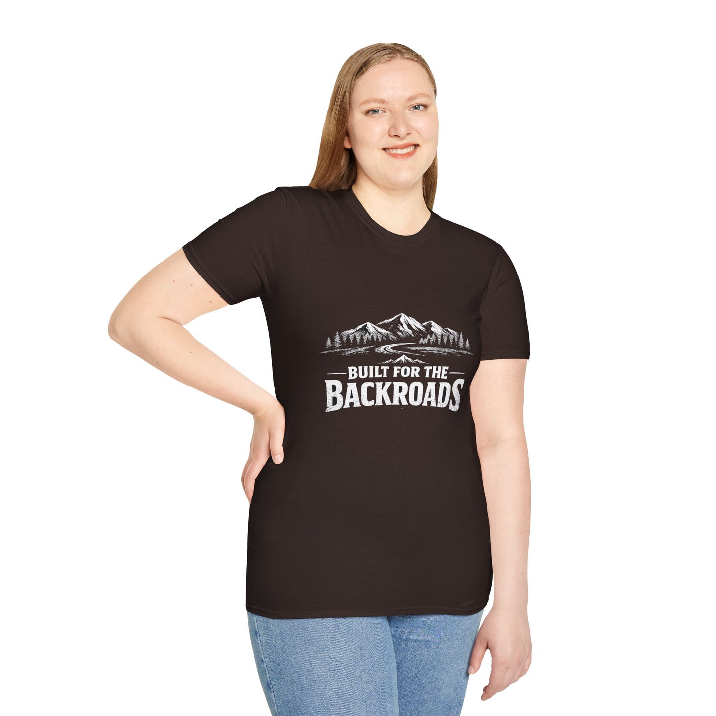 Dark chocolate crew-neck T-shirt with white mountain graphic and "BUILT FOR THE BACKROADS"