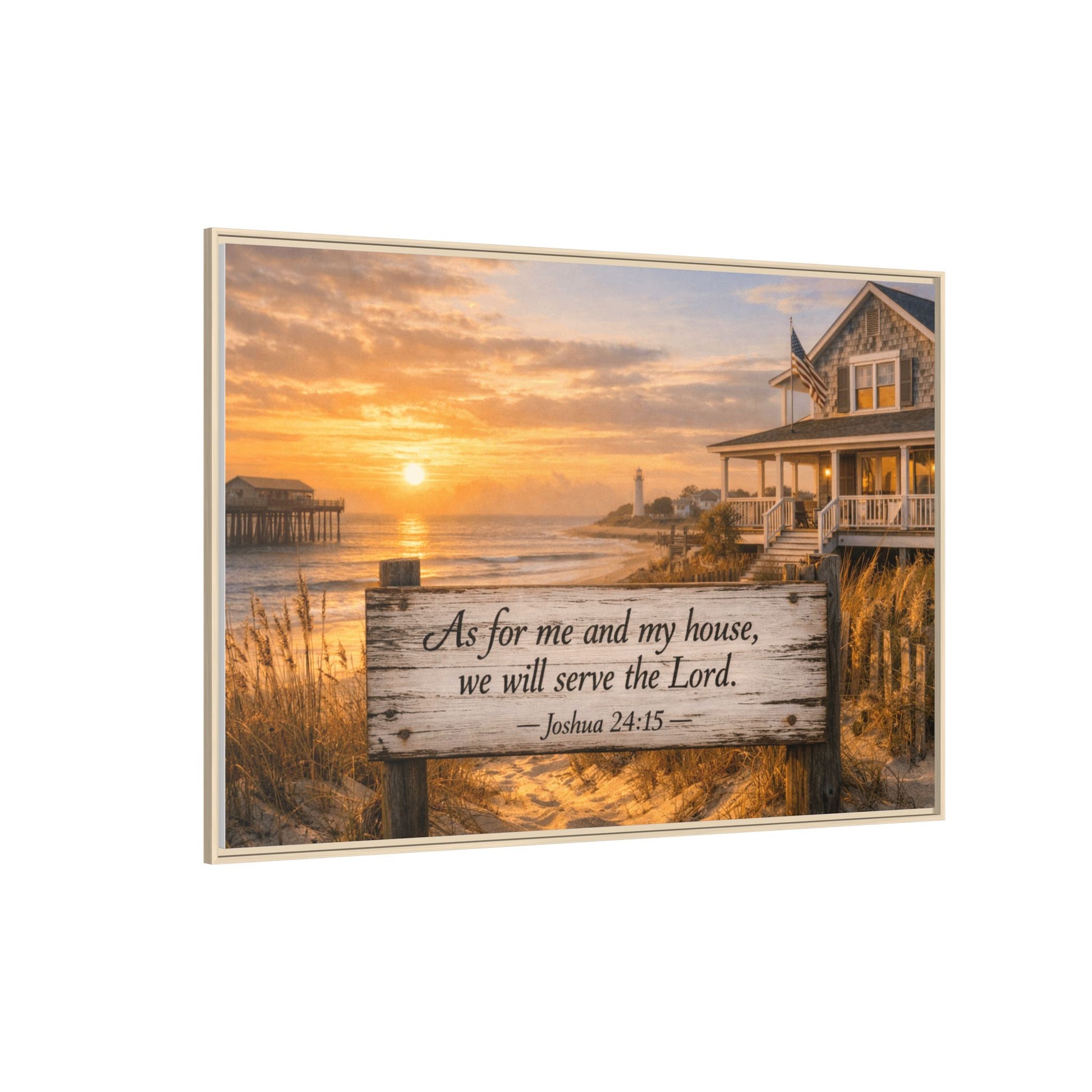 Framed coastal scripture canvas with sunset ocean view; scripture sign reads Joshua 24:15.