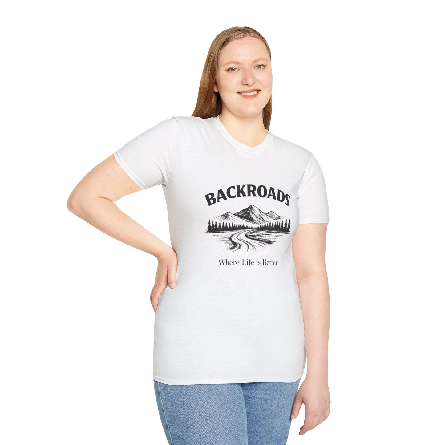 Women's graphic T-shirt in white, crew neck short sleeves with front landscape print
