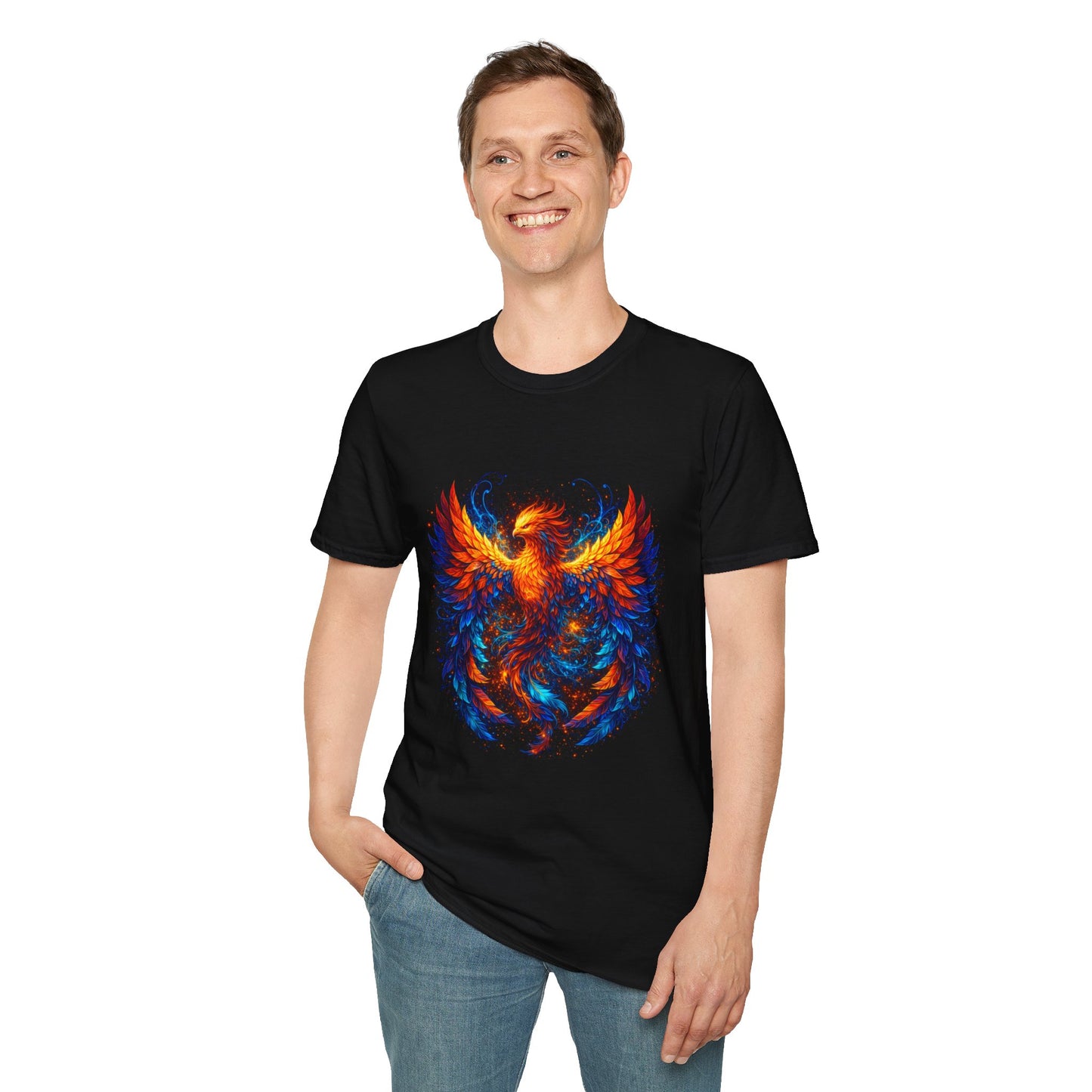 Men's black graphic T-shirt with colorful flame eagle-phoenix front design