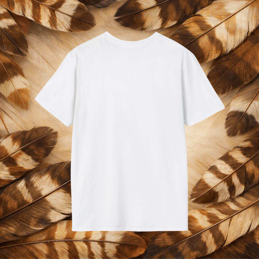 A plain white short-sleeve crewneck T-shirt laid flat, centered against a background of brown and tan feathers.