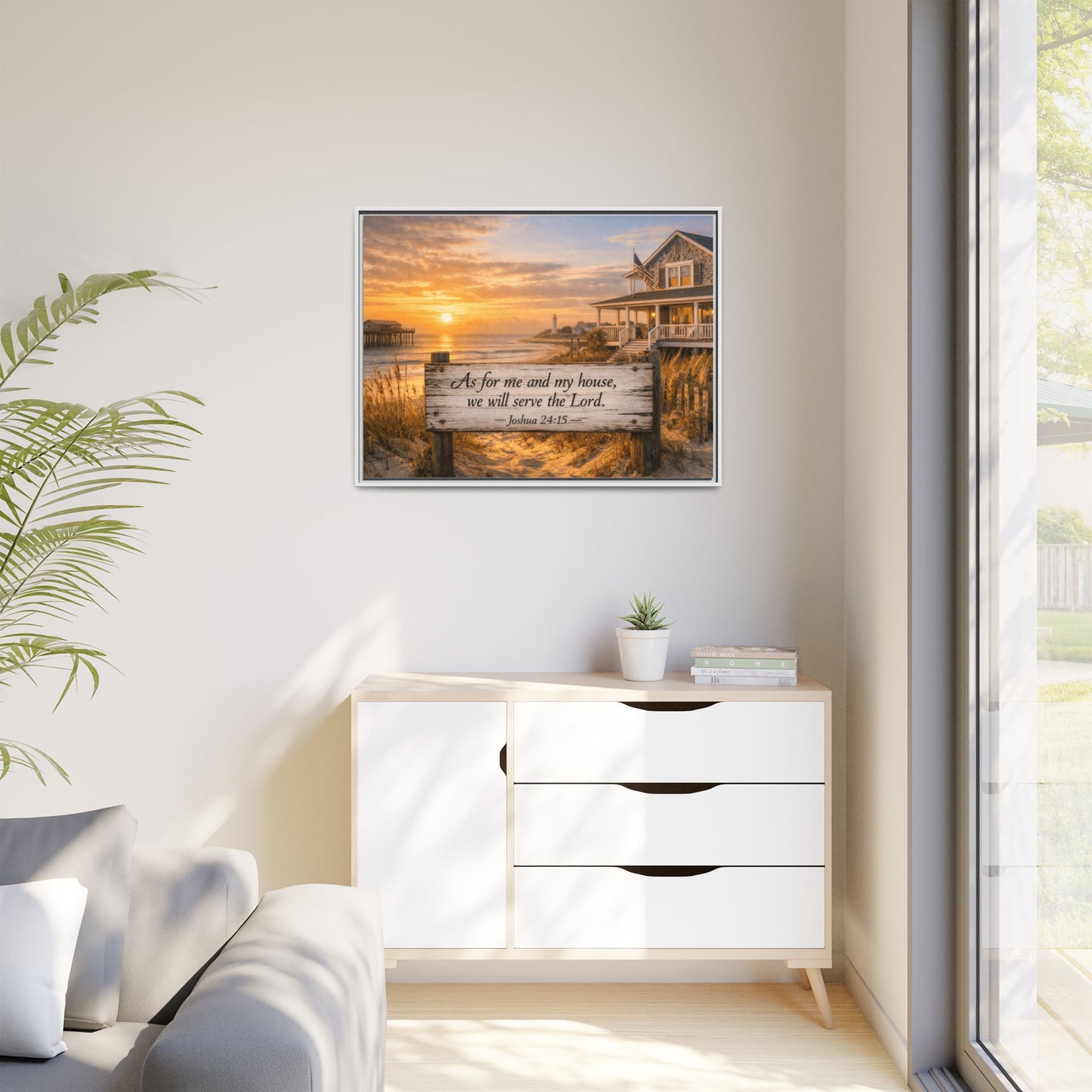 Framed coastal scripture canvas with sunrise beach scene and house porch; Joshua 24:15.