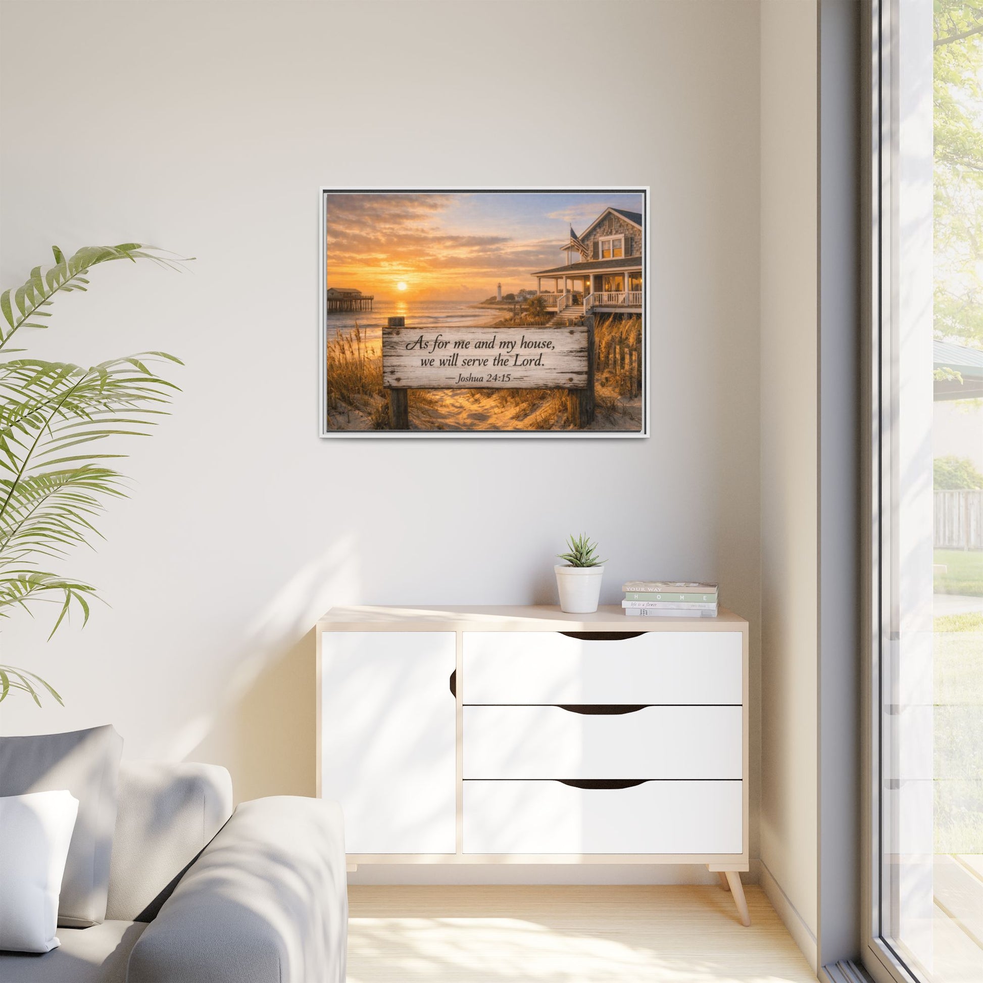 Framed coastal scripture canvas with sunrise beach scene and house porch; Joshua 24:15.