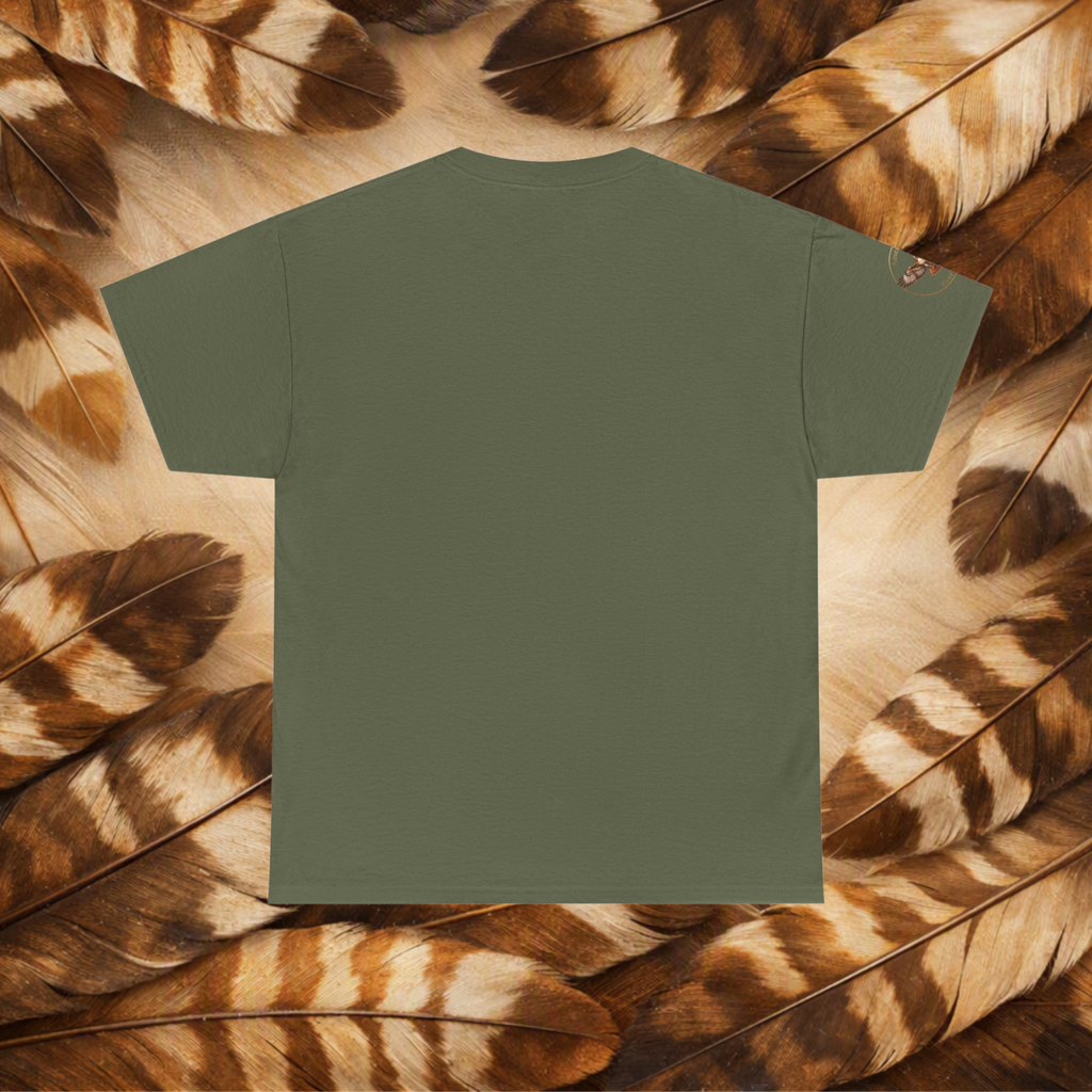 Military Green t-shirt with a back view, laid flat on a background of cream and brown feathers.