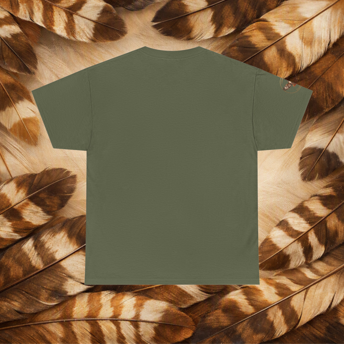 Military Green t-shirt with a back view, laid flat on a background of cream and brown feathers.