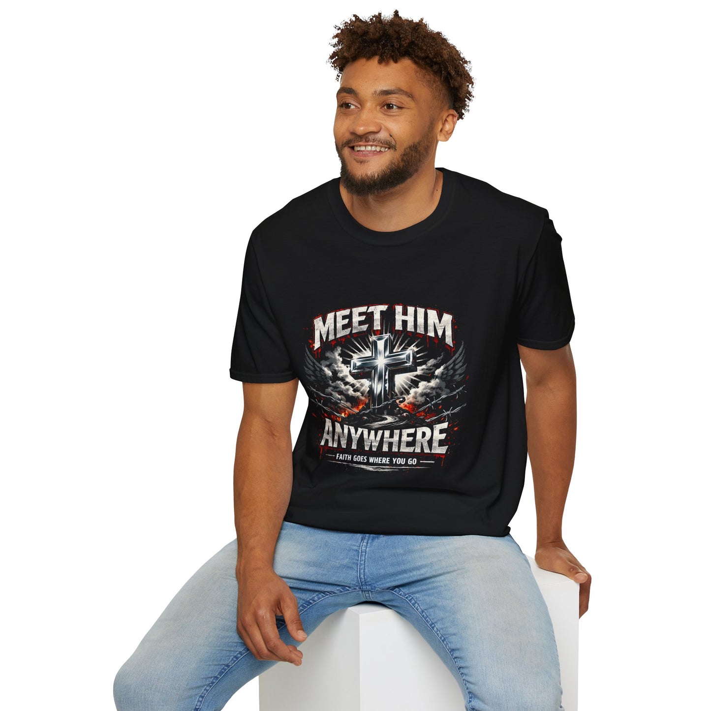 Black crew-neck T-shirt with 'Meet Him Anywhere' cross chest print.