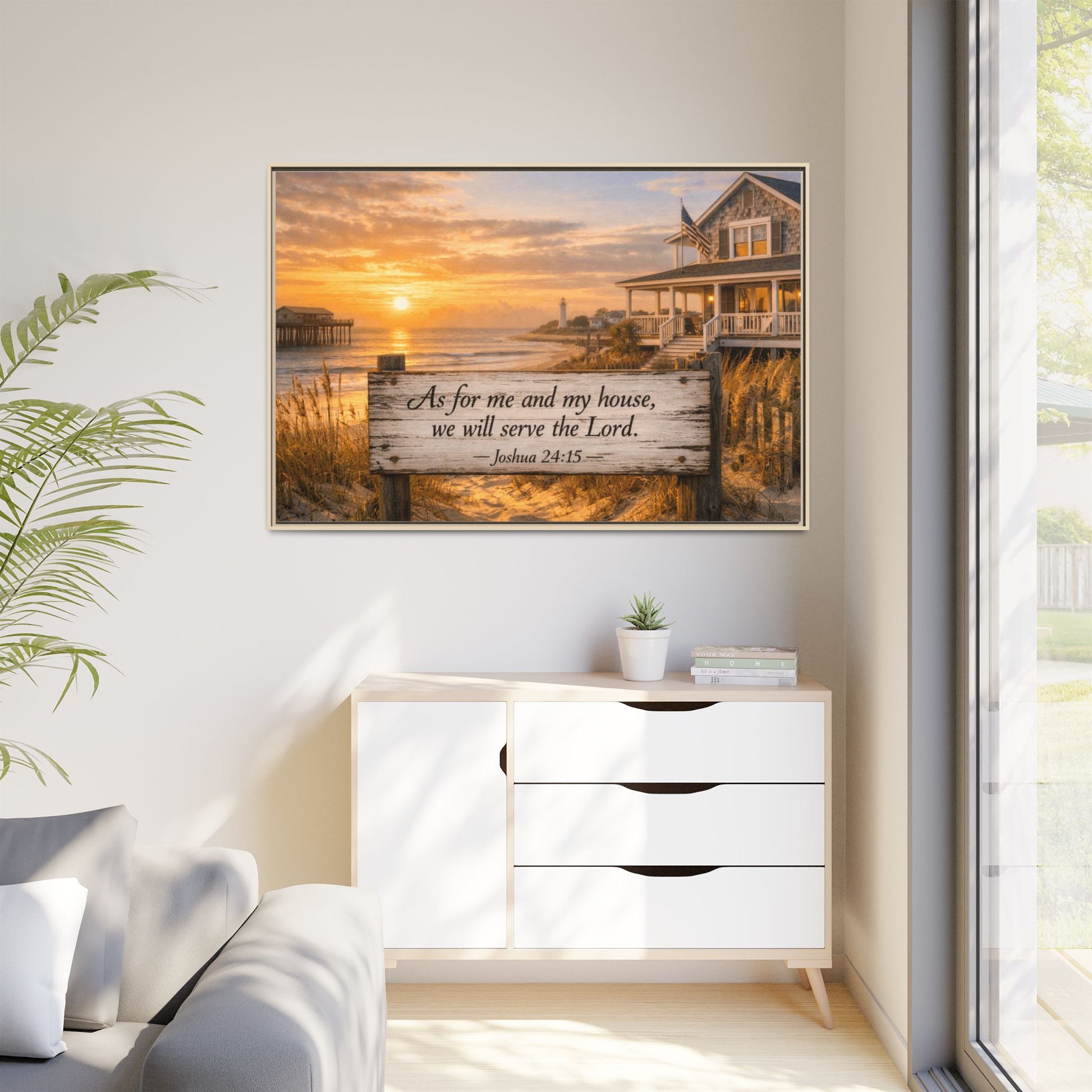 Framed coastal scripture canvas featuring sunset beach and house porch; Joshua 24:15.