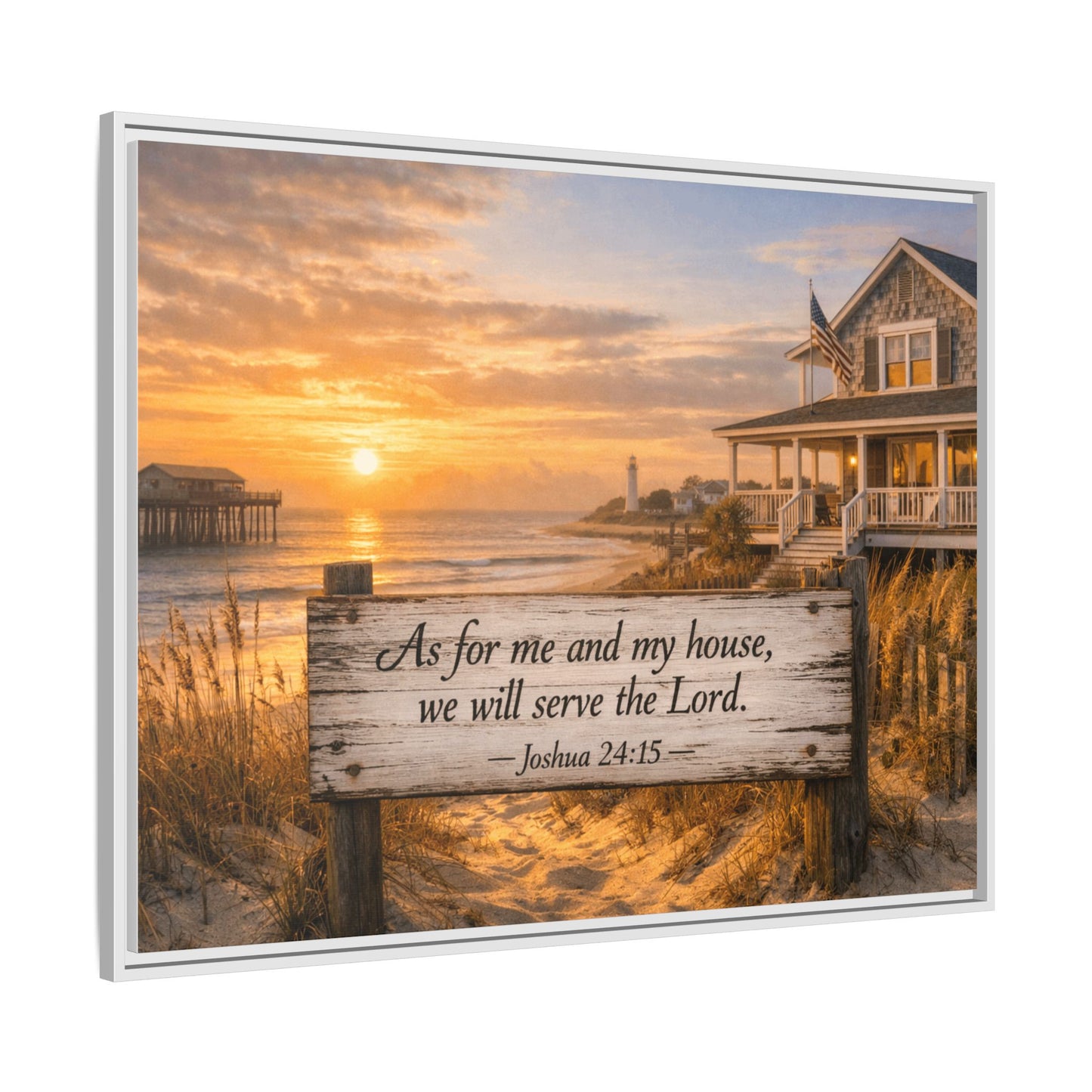 White-framed coastal scripture canvas with sunset ocean and house; reads Joshua 24:15.