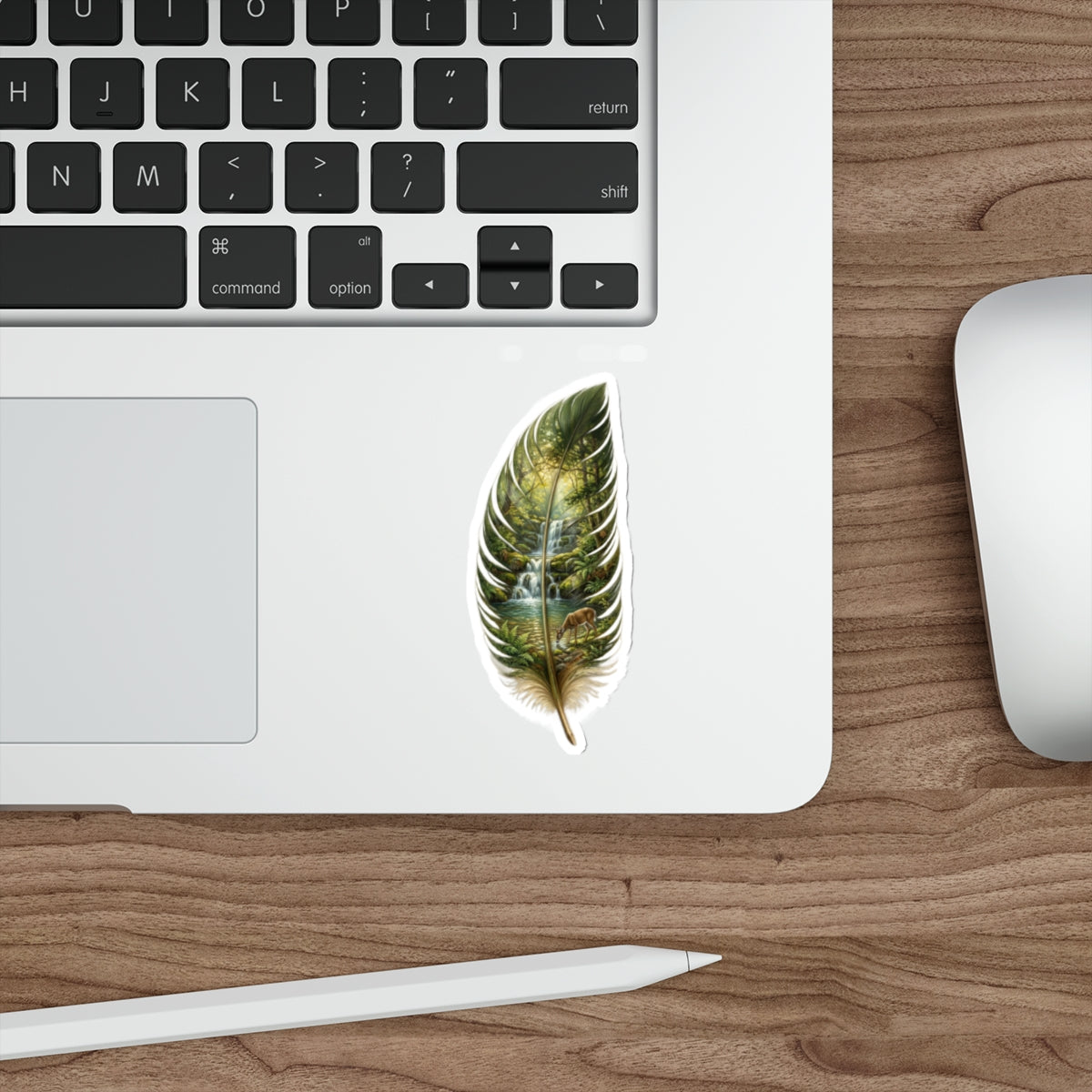 Feather Forest Die-Cut Sticker — Scenic Feather with Deer & Stream