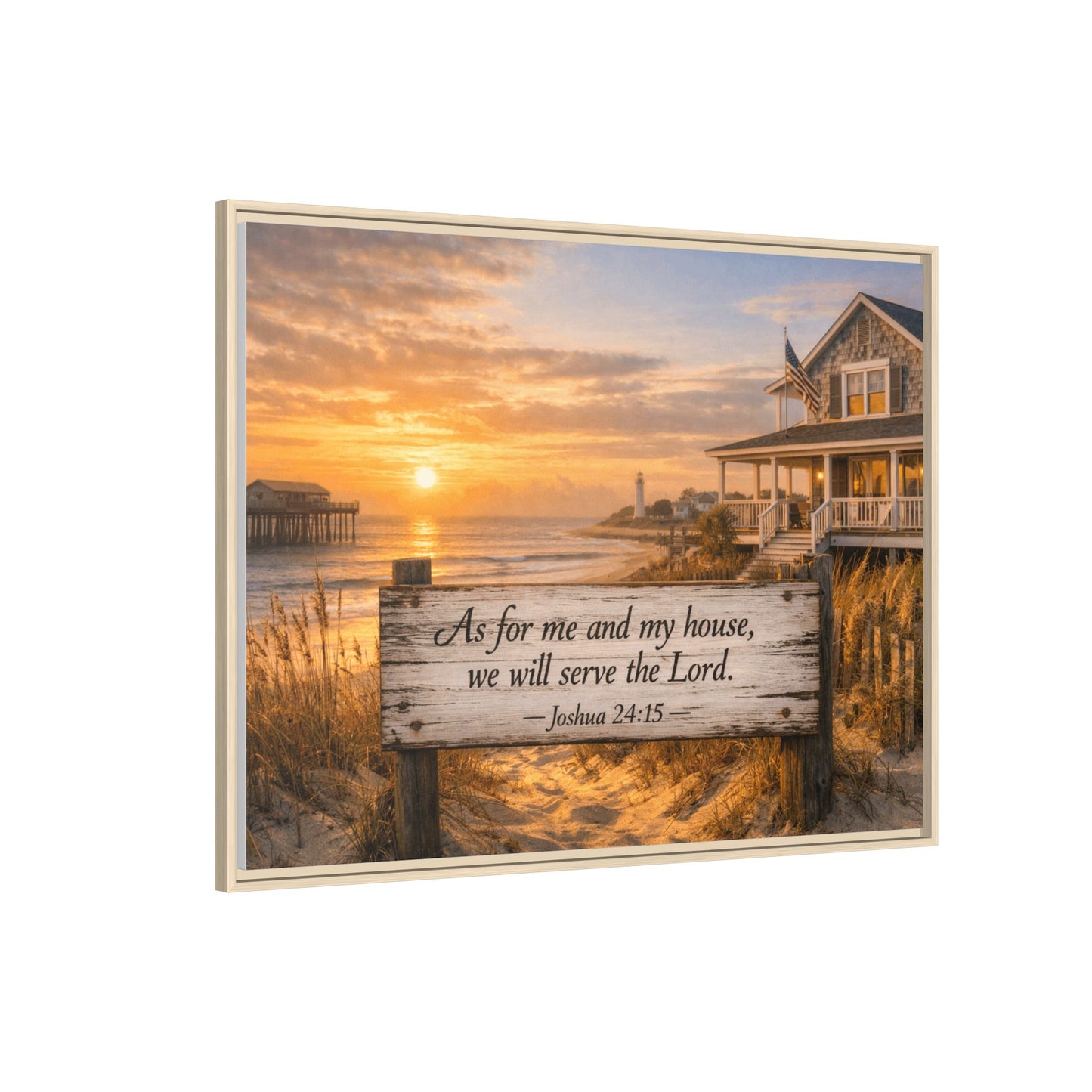 Framed canvas wall art with light wood frame; coastal sunrise with scripture on wooden sign