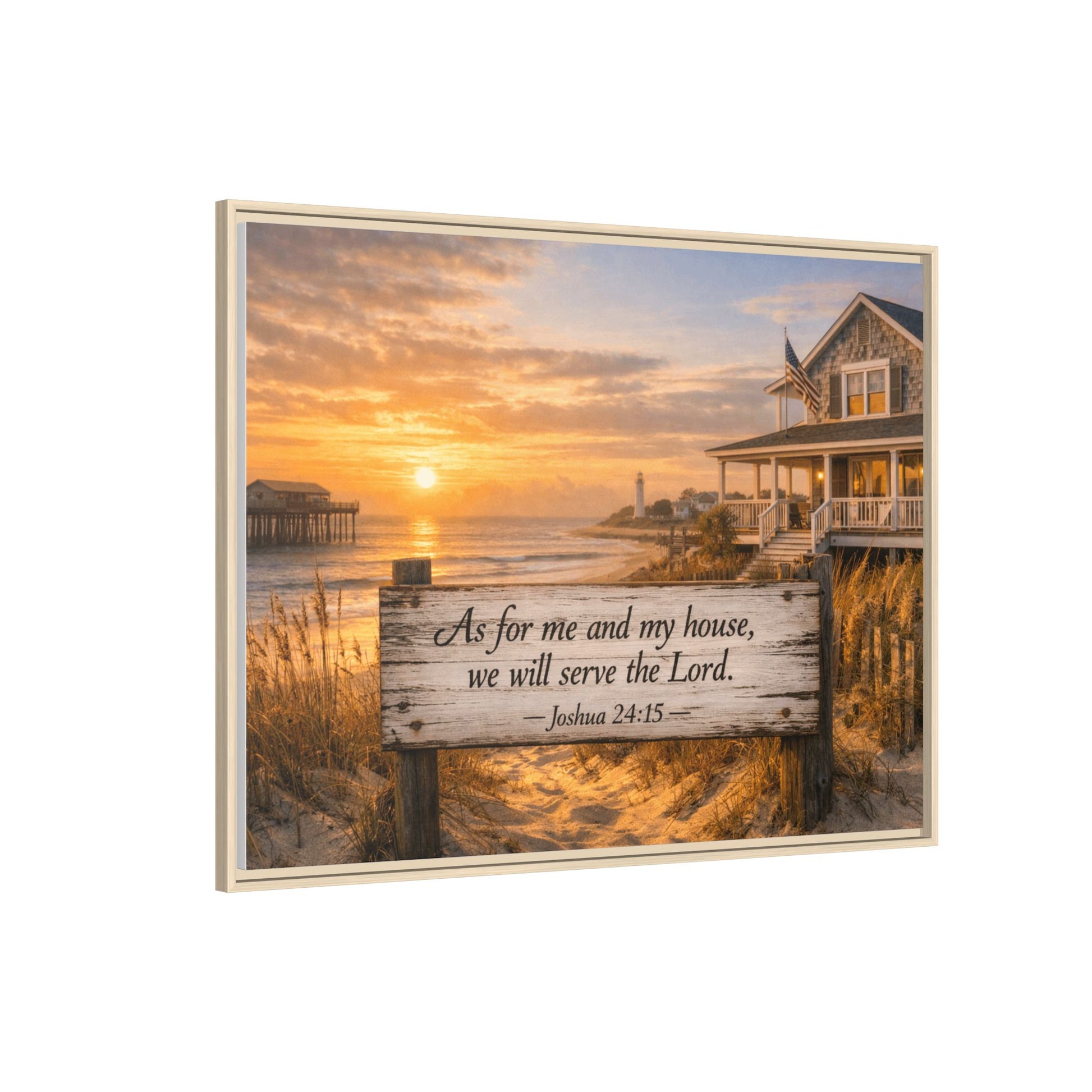 Framed canvas wall art with light wood frame; coastal sunrise with scripture on wooden sign