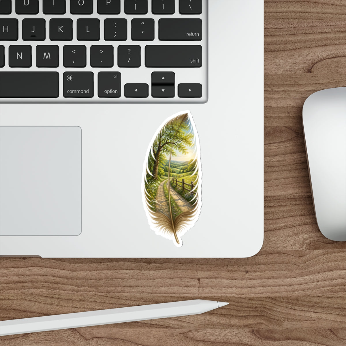 Feather Landscape Die-Cut Sticker — Scenic Countryside Road Art Sticker