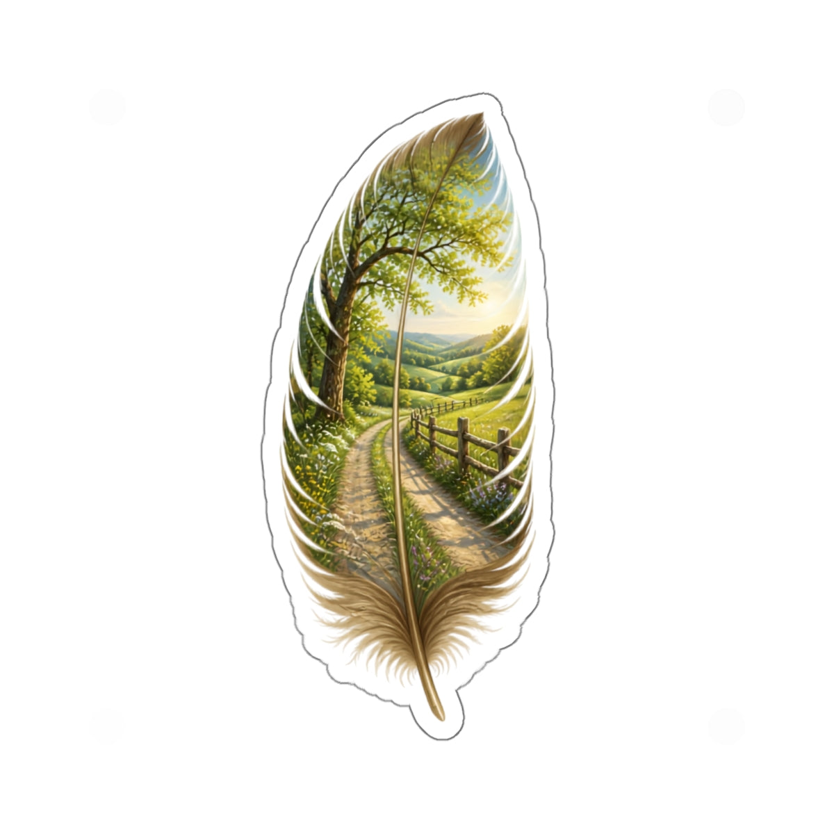 Feather Landscape Die-Cut Sticker — Scenic Countryside Road Art Sticker