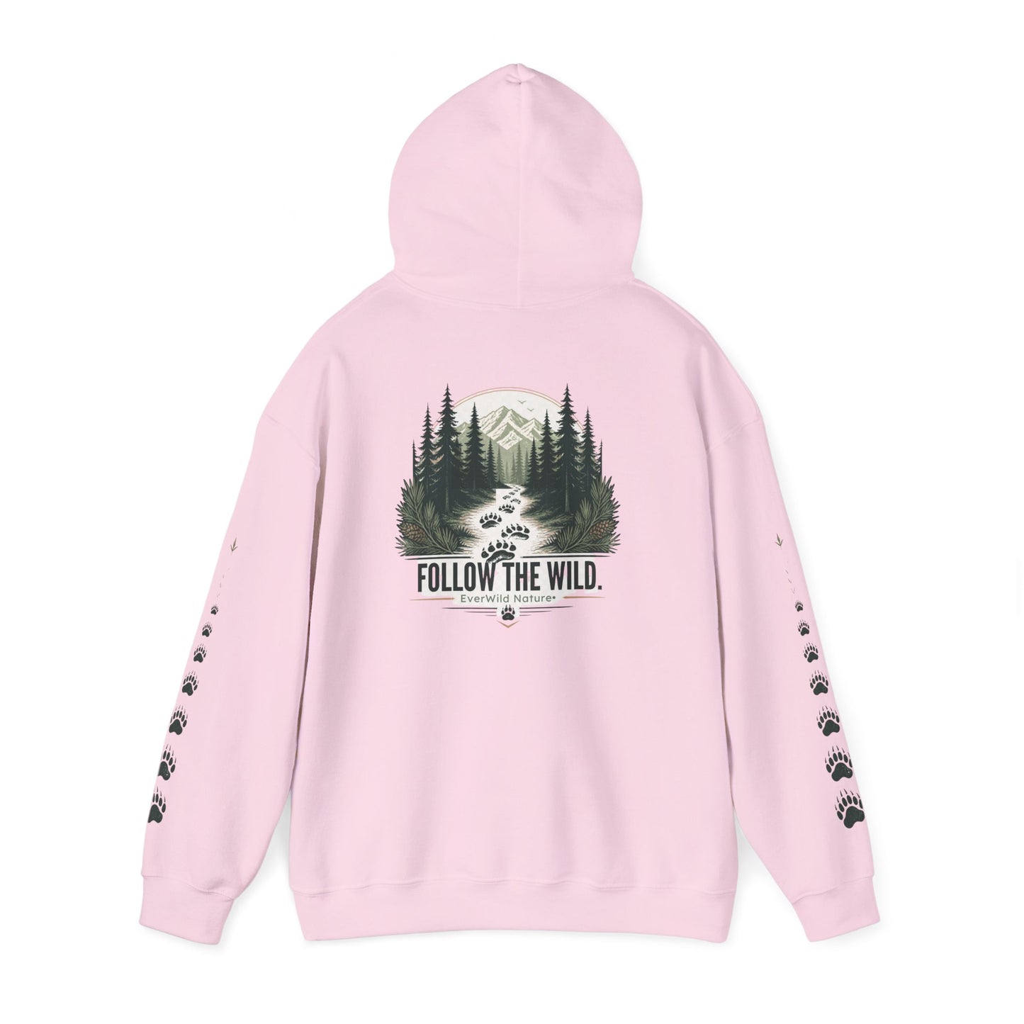 Pink pullover hoodie with front forest graphic and “Follow the Wild” logo