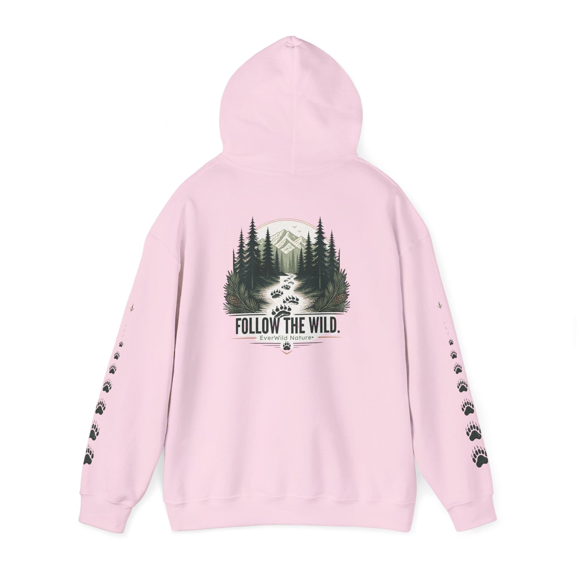 Pink pullover hoodie with front forest graphic and “Follow the Wild” logo