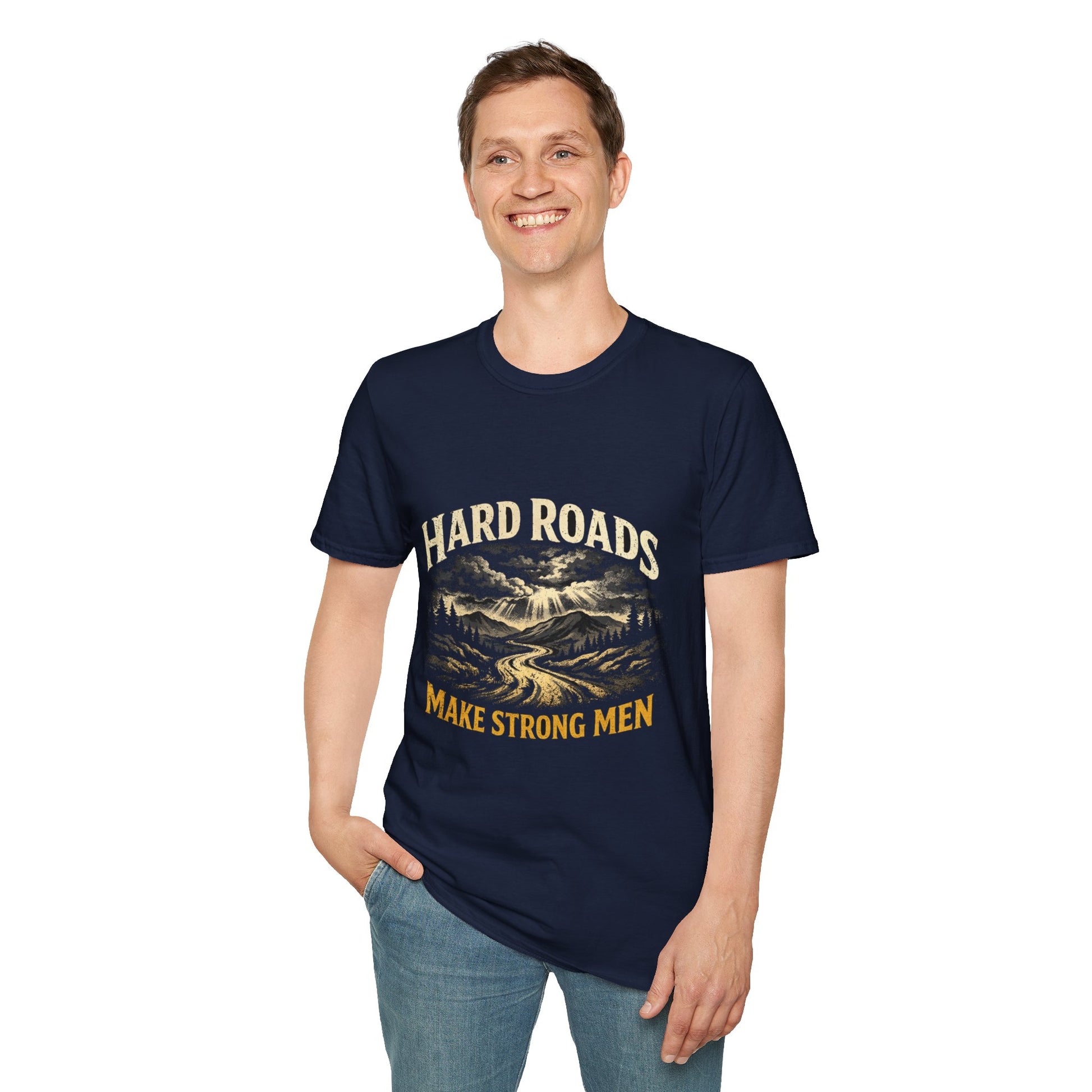 Navy men’s crew-neck T-shirt with front landscape graphic and gold text