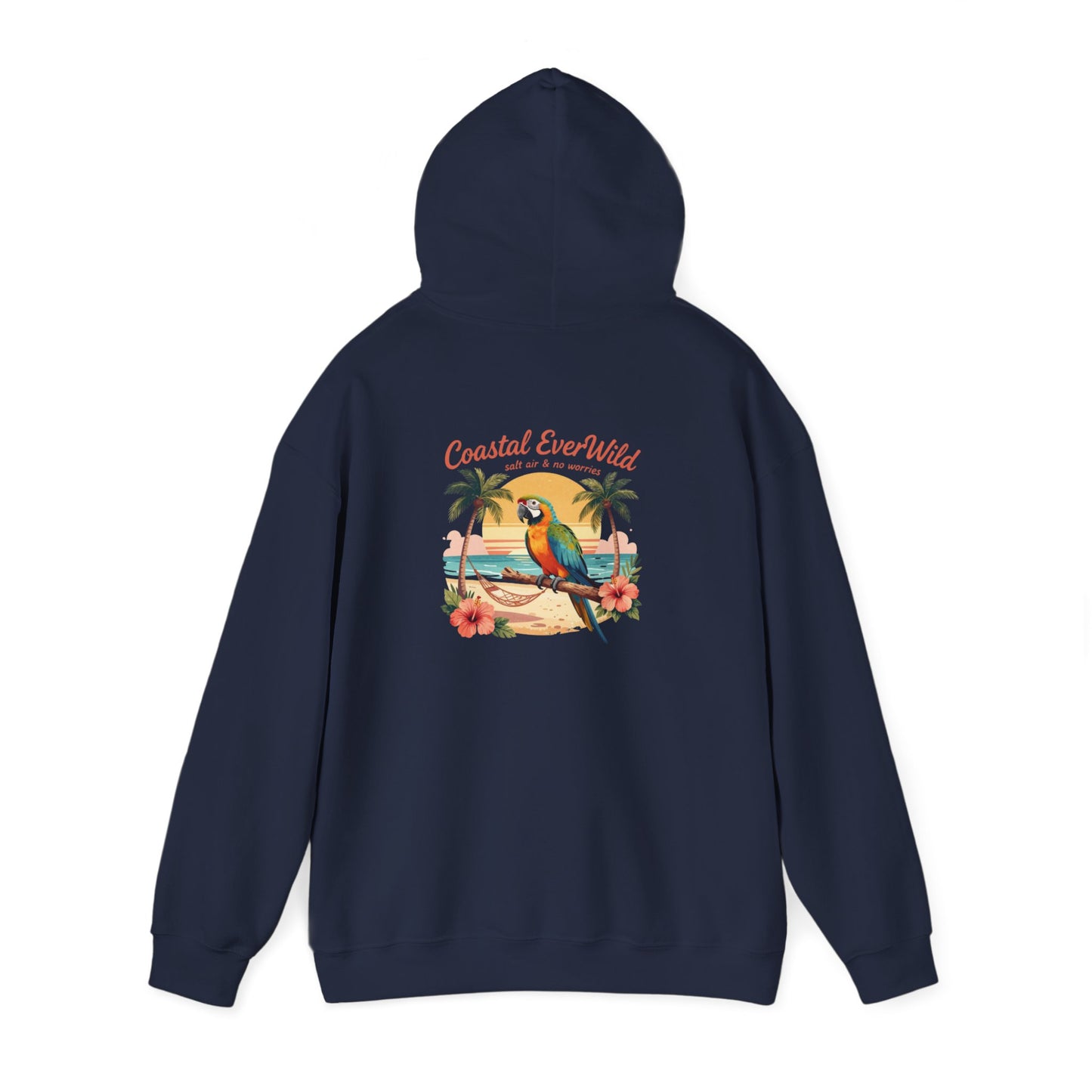 Navy pullover hoodie with bird-and-palm beach graphic on back and hood