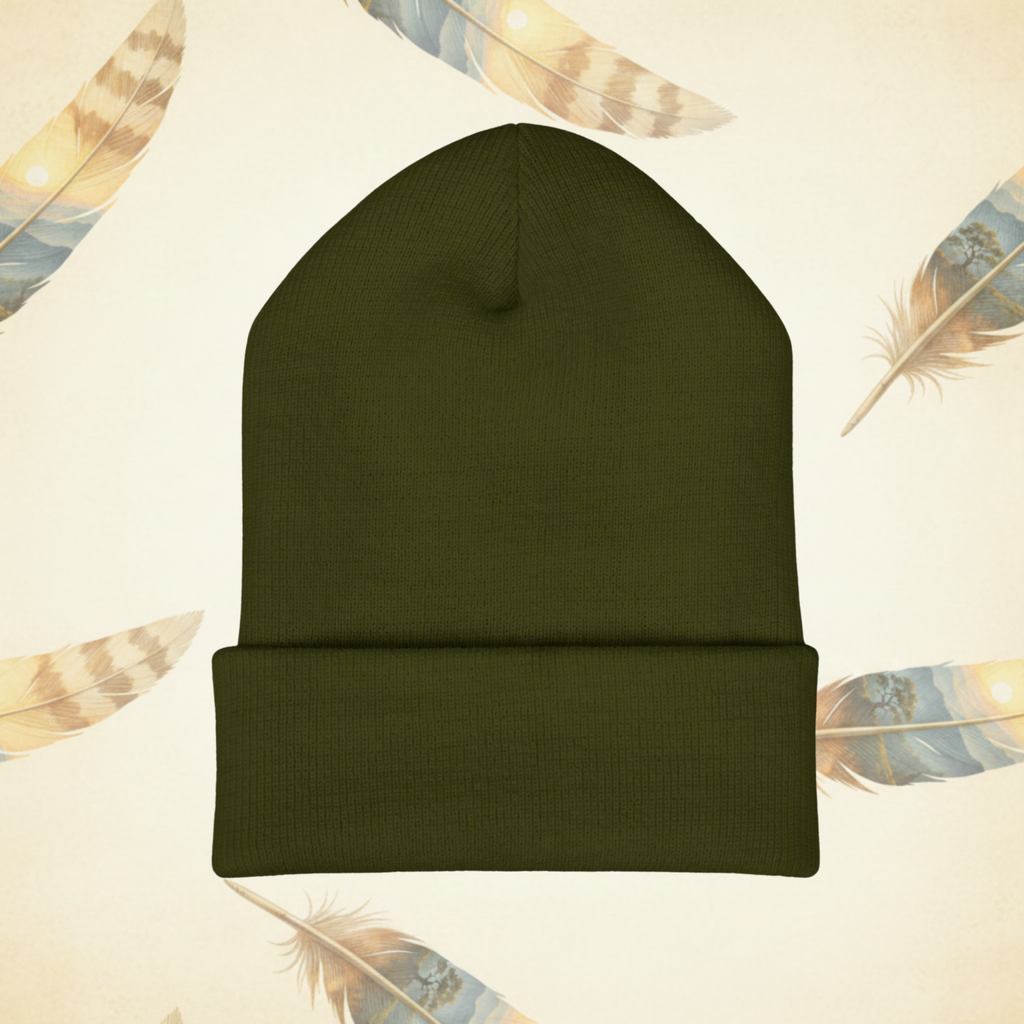 Olive green back view of the  American EverWild Beanie flat-lay on a cream-colored background of painted feathers.