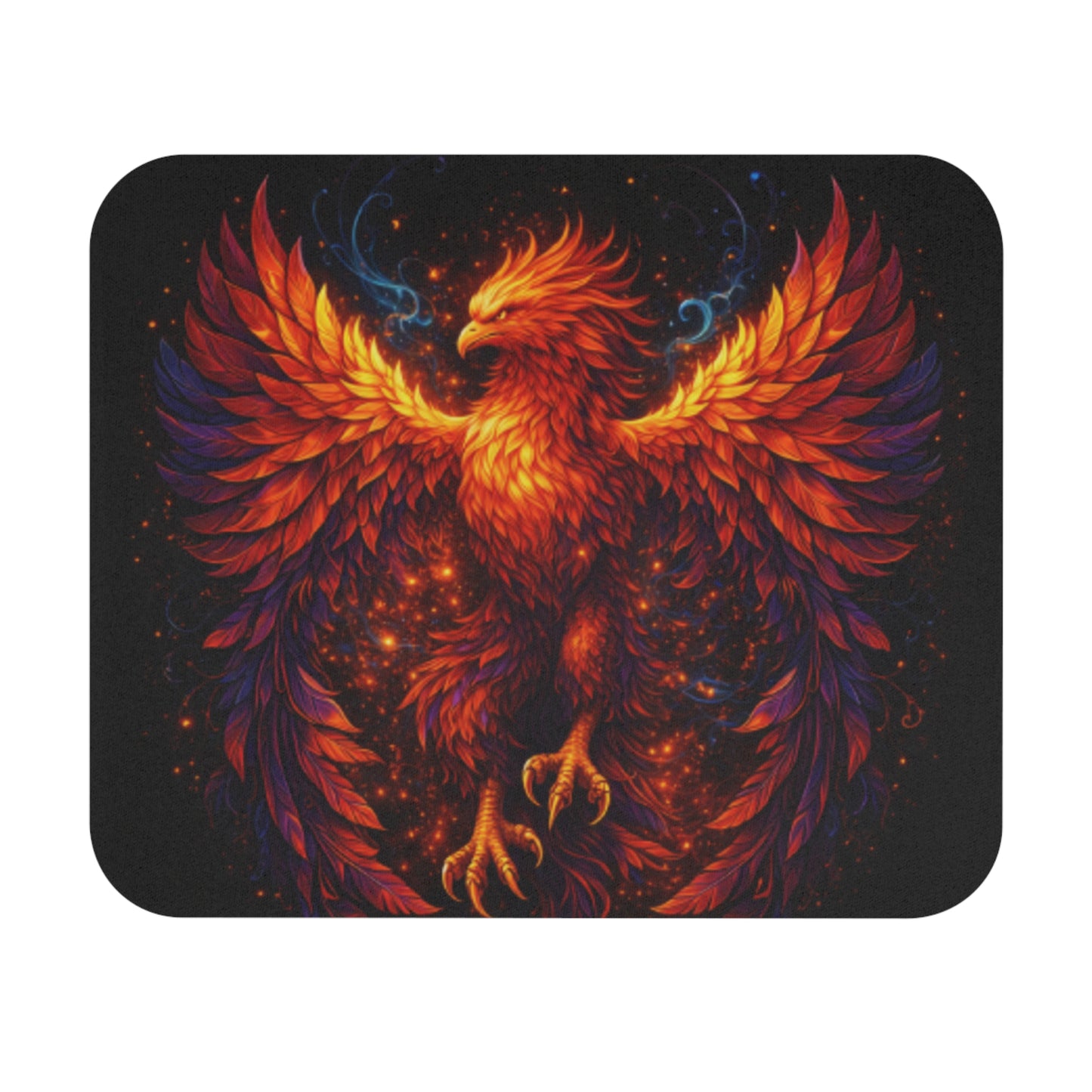 Rectangle mouse pad with fiery phoenix artwork on dark background