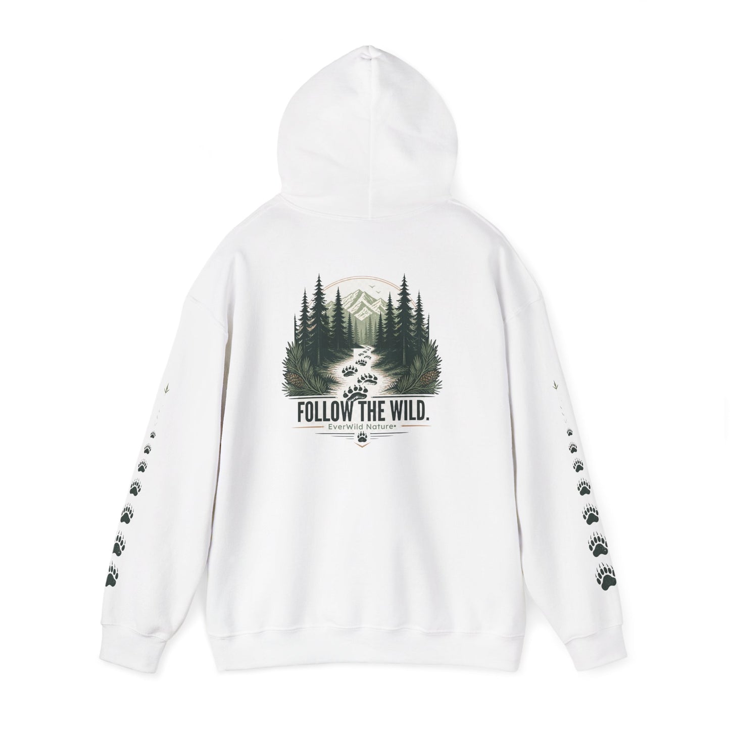 White pullover hoodie with back tree graphic "FOLLOW THE WILD" and paw-sleeve prints