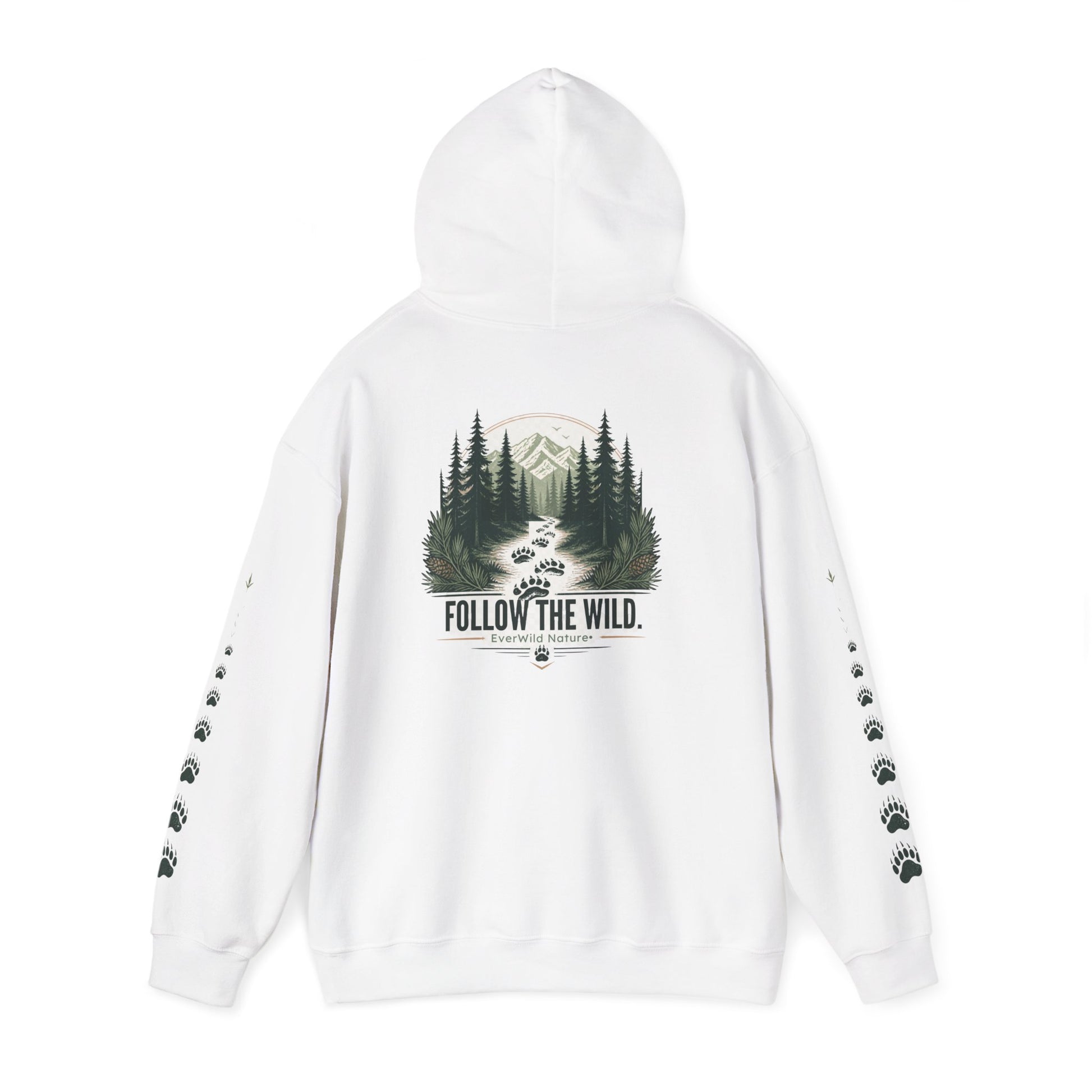 White pullover hoodie with back tree graphic "FOLLOW THE WILD" and paw-sleeve prints