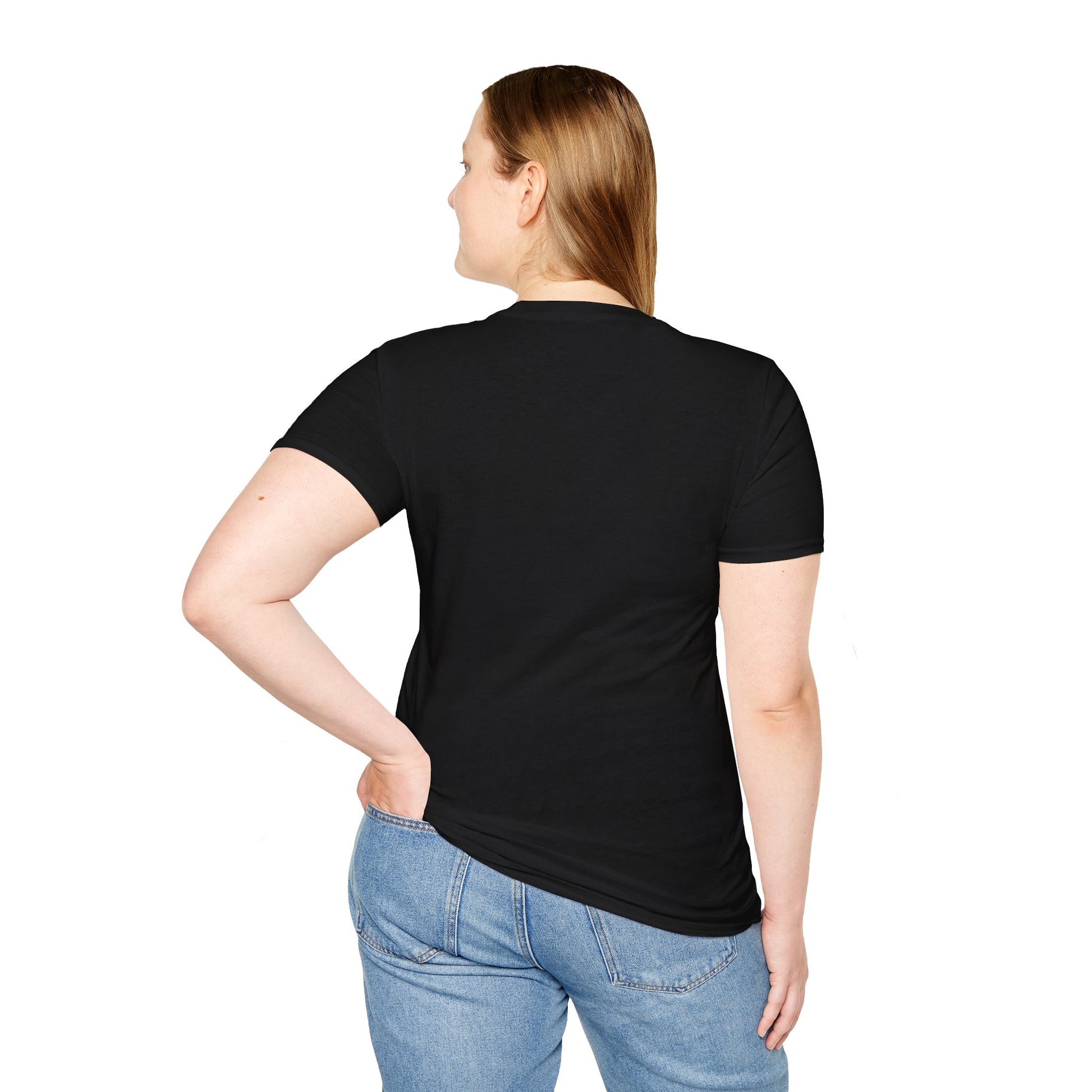 Women’s Raised on BackRoads™ graphic tee, black—back view from shoulders to hem
