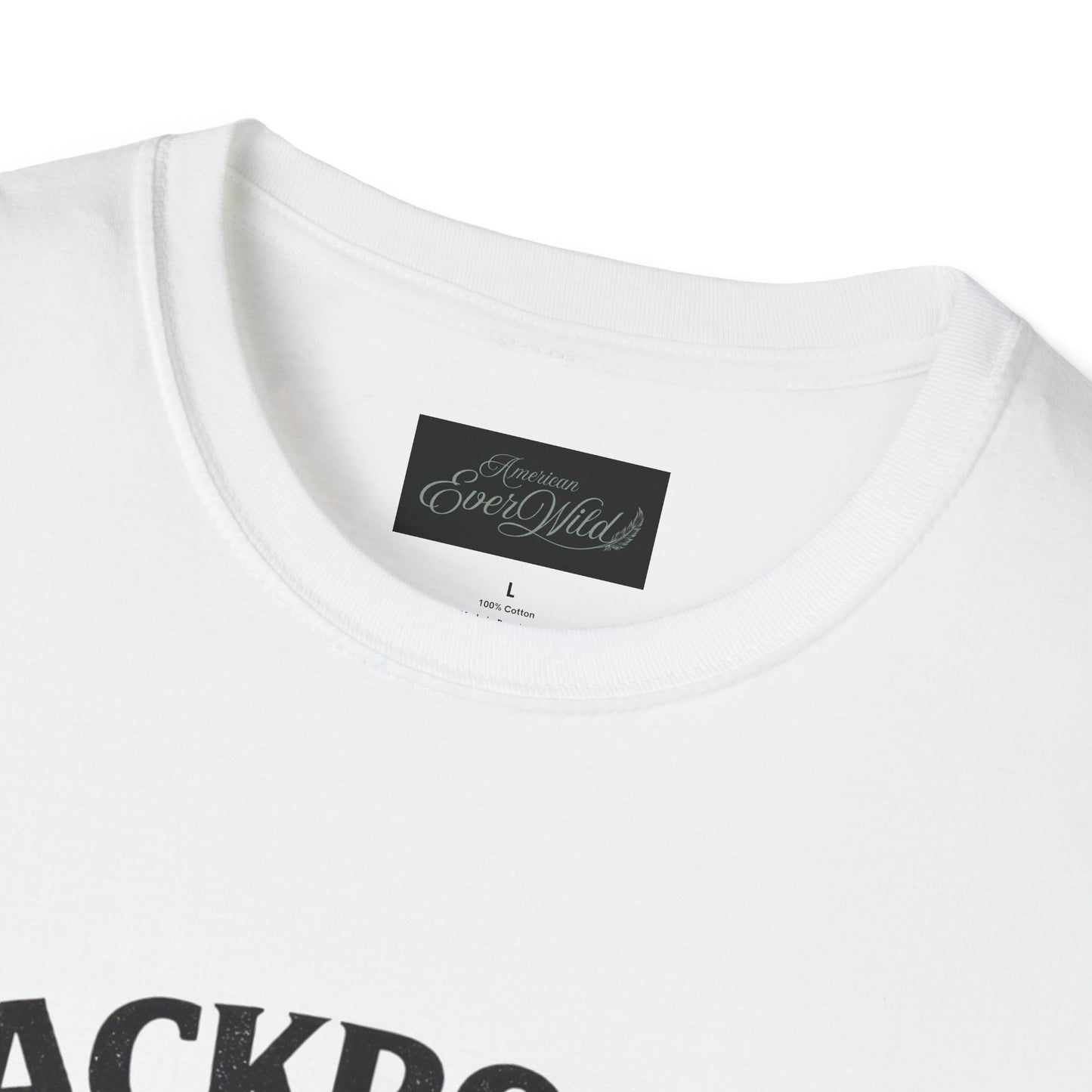 White crew-neck T-shirt with back neckline label, size L