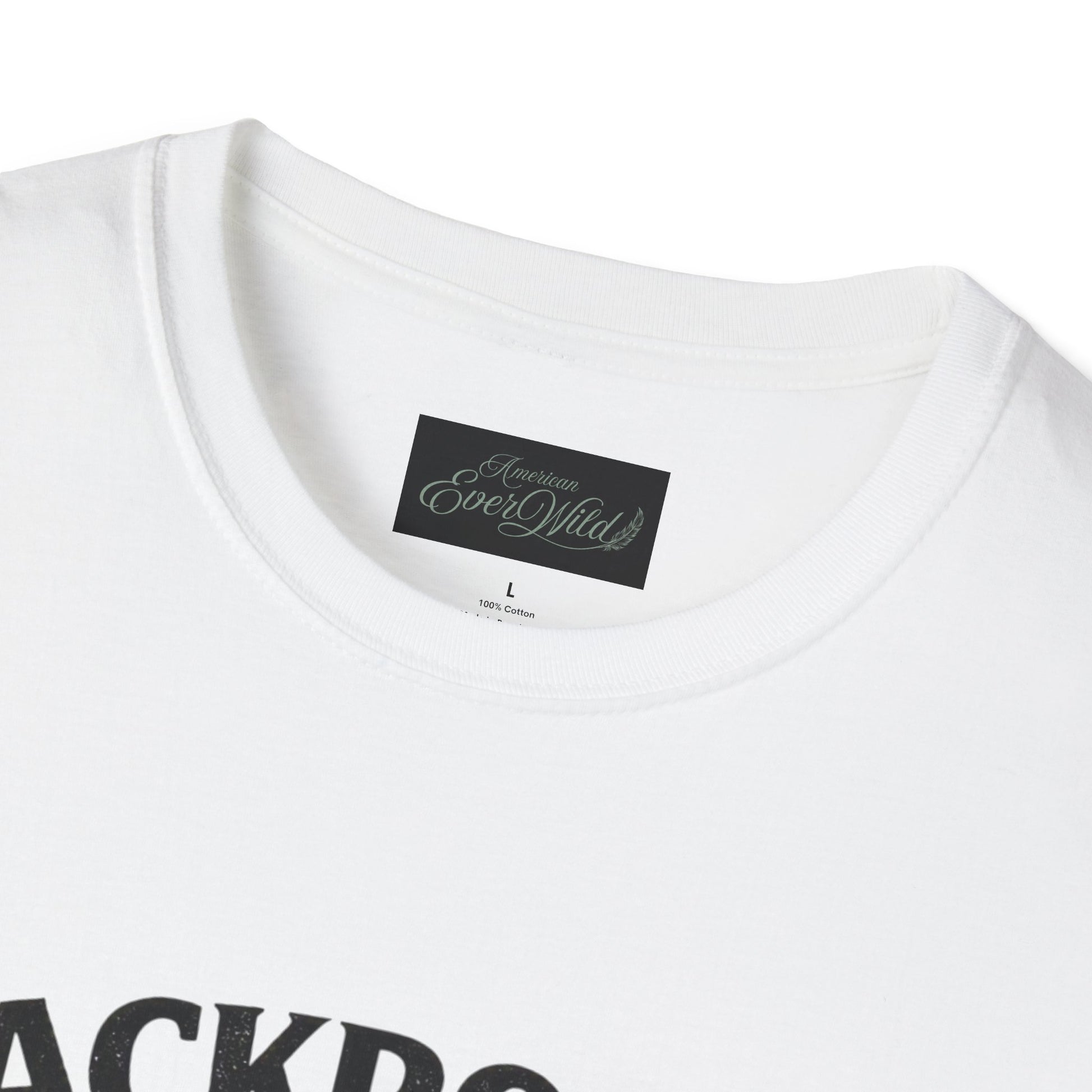 White crew-neck T-shirt with back neckline label, size L