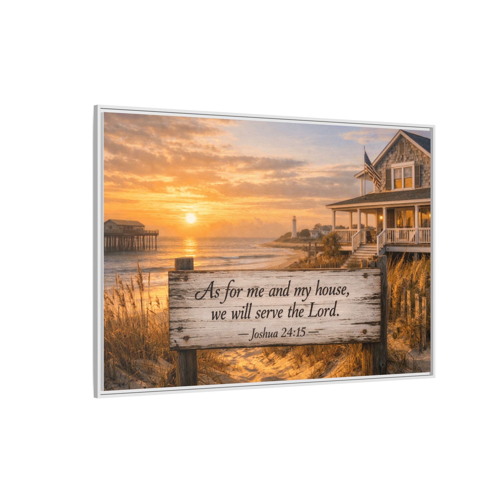 Framed coastal scripture canvas with beach sunrise and scripture text on wooden plank.