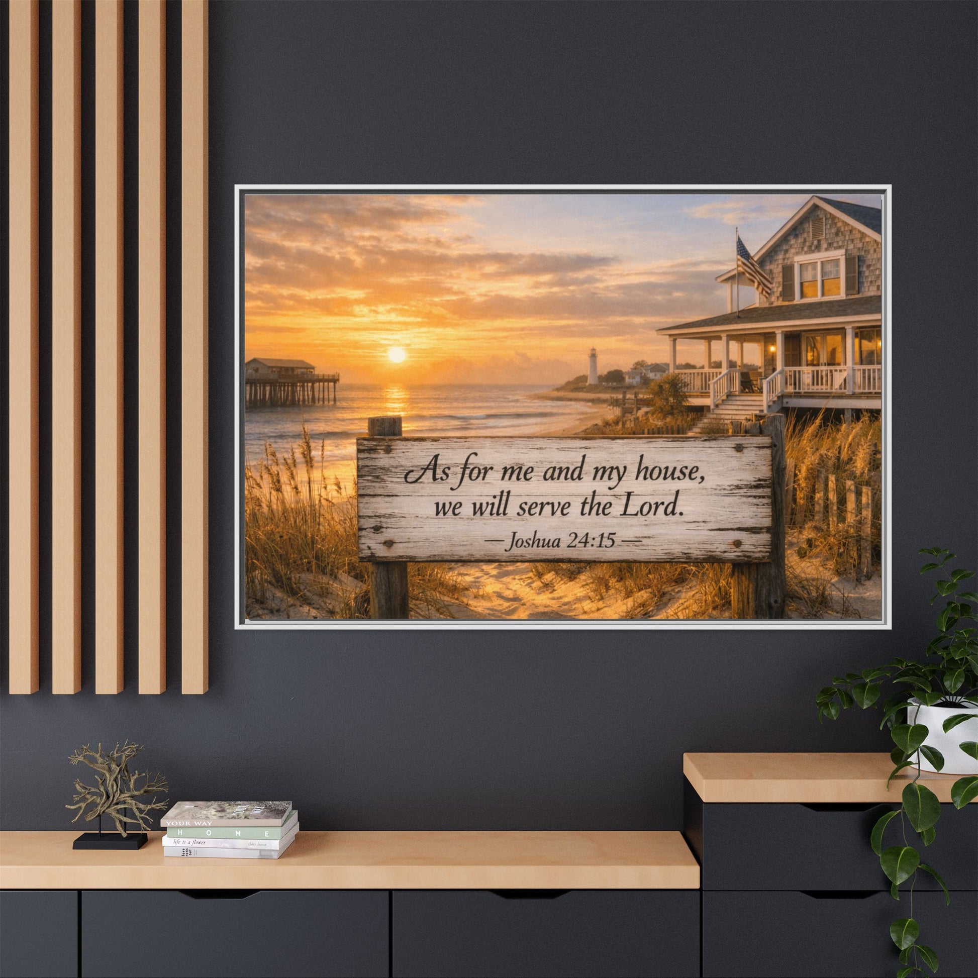 Framed coastal scripture canvas with sunset shoreline and porch house; text reads Joshua 24:15.