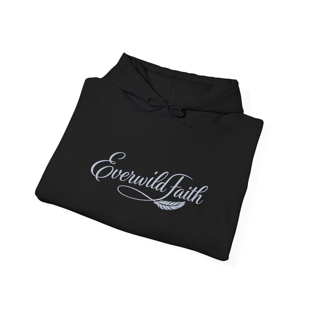 Black hoodie folded with white script logo on front and drawstring hood