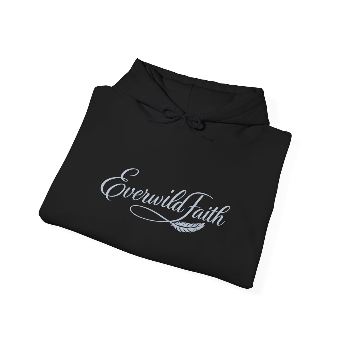 Black hoodie folded with white script logo on front and drawstring hood