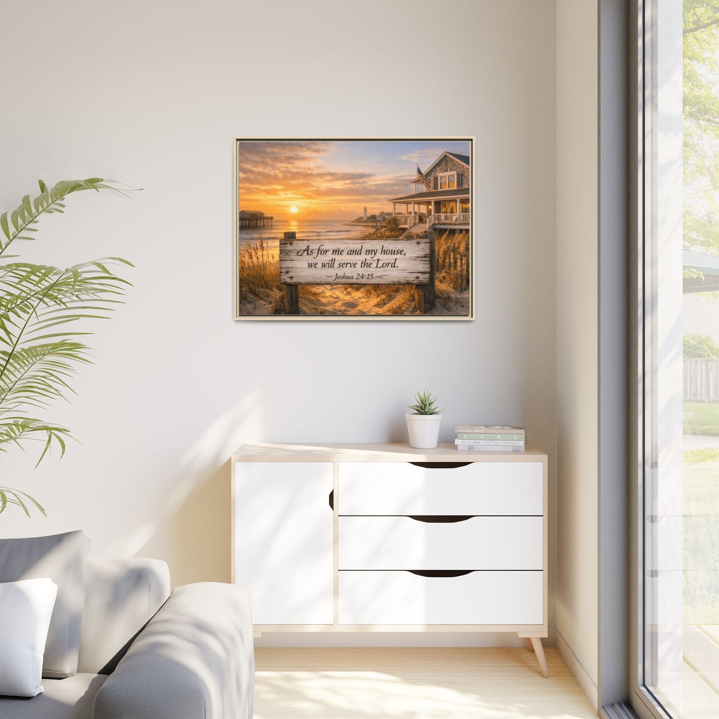 Framed canvas wall art with light frame; coastal sunrise scripture scene with wooden sign