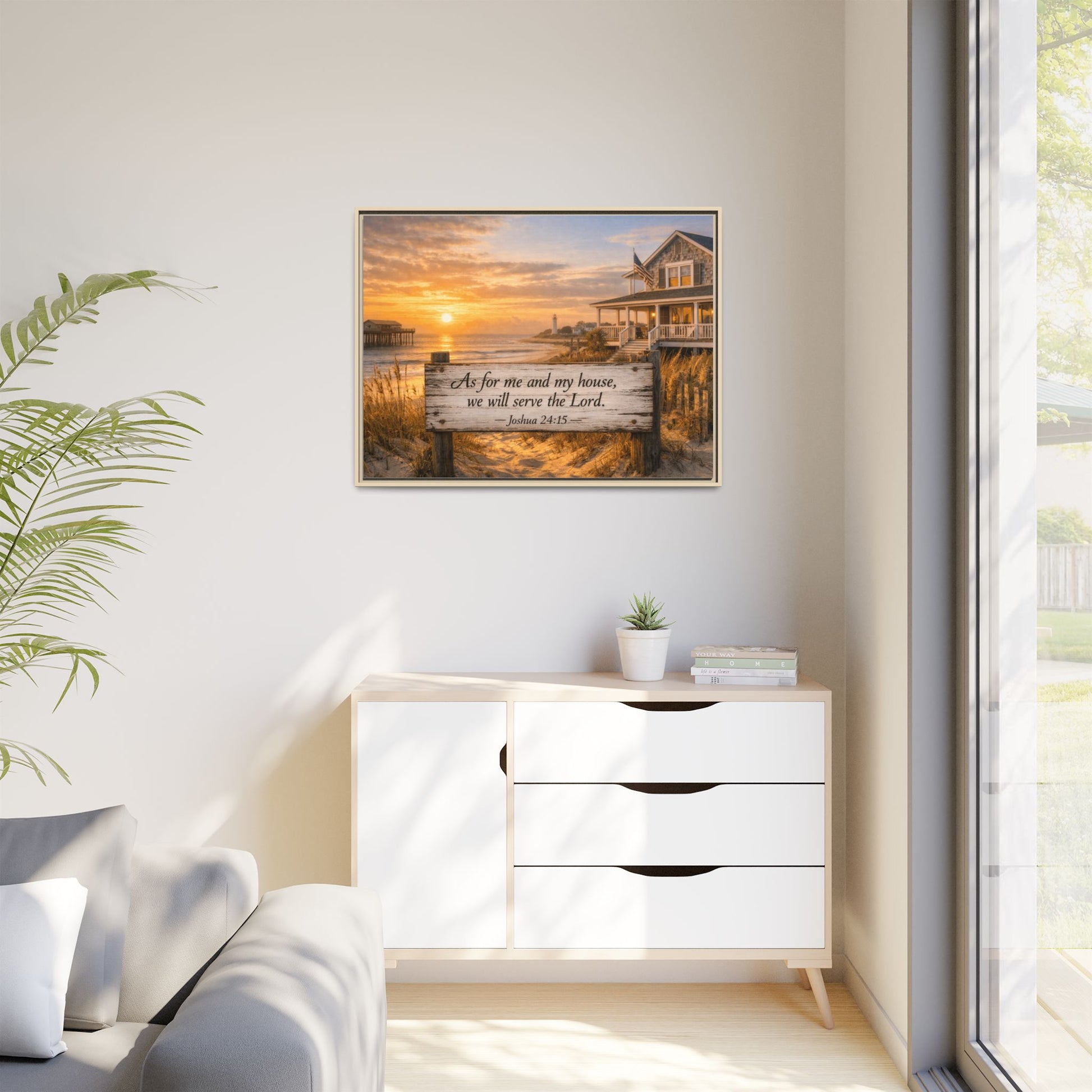 Framed canvas wall art with light frame; coastal sunrise scripture scene with wooden sign