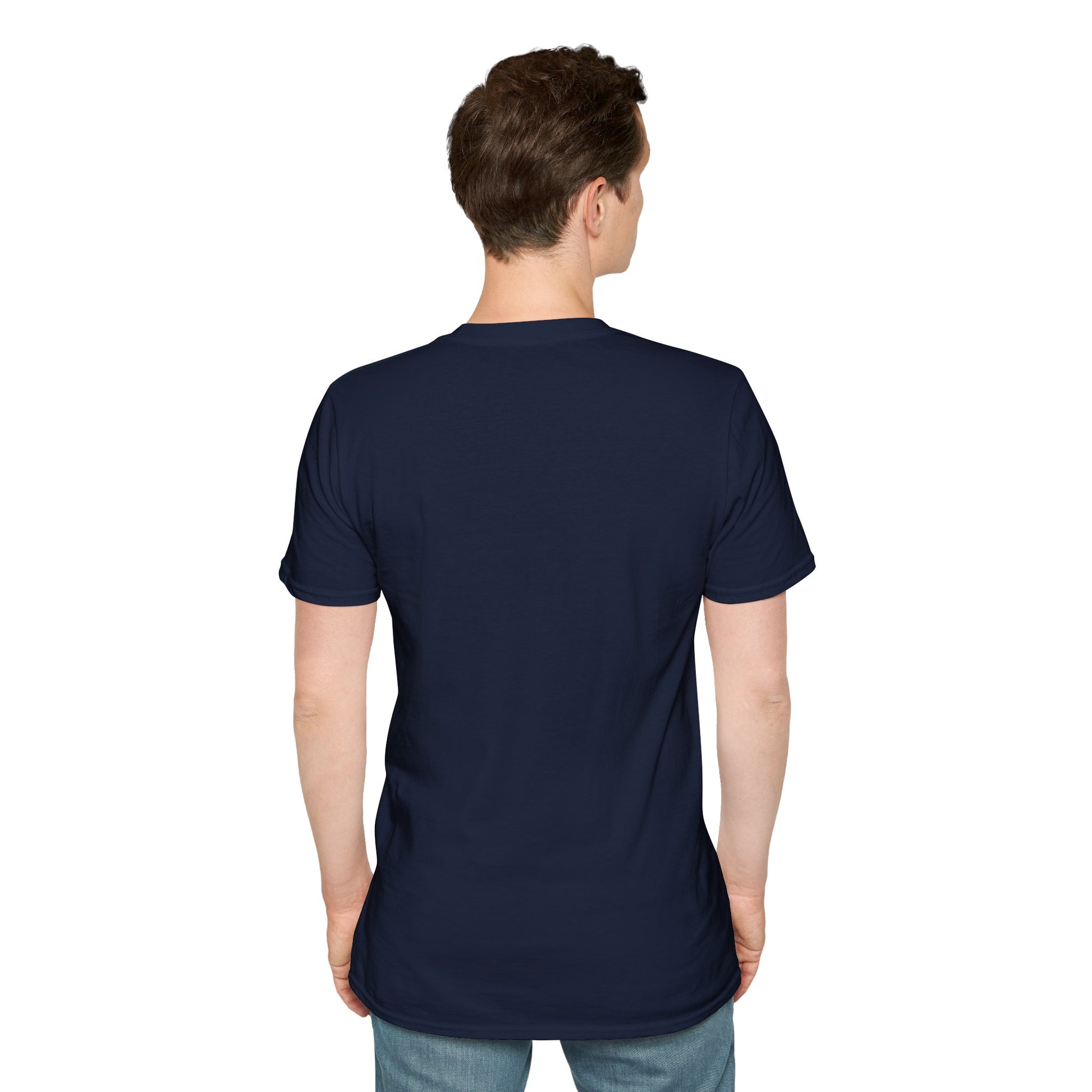 Men's navy T-shirt back view, plain crew-neck with short sleeves