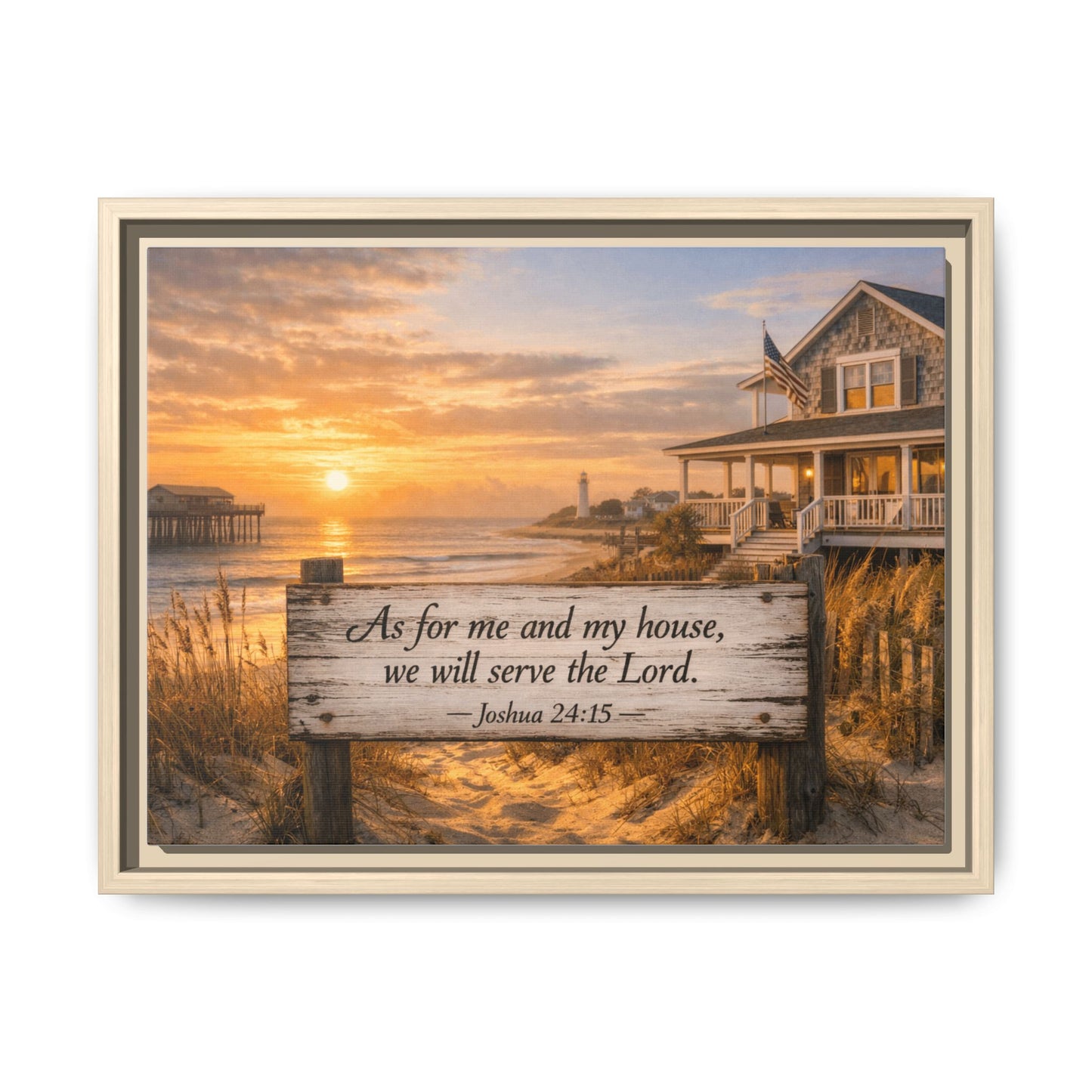 Framed coastal scripture canvas with house and wooden verse sign, light wood frame